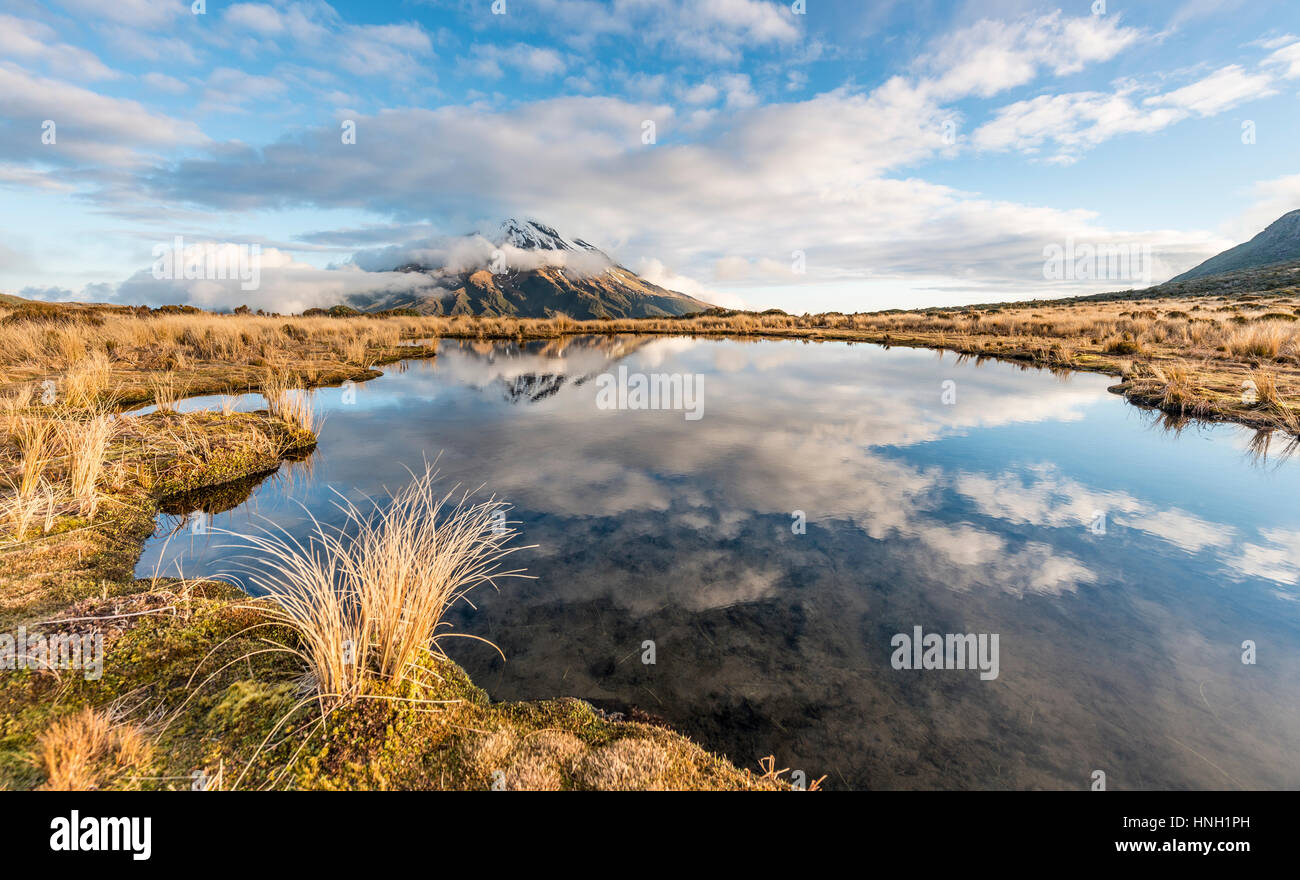Reflet dans Pouakai Tarn, volcan Mont Taranaki ou Mont Egmont, Parc National d'Egmont, Taranaki, en Nouvelle-Zélande Banque D'Images