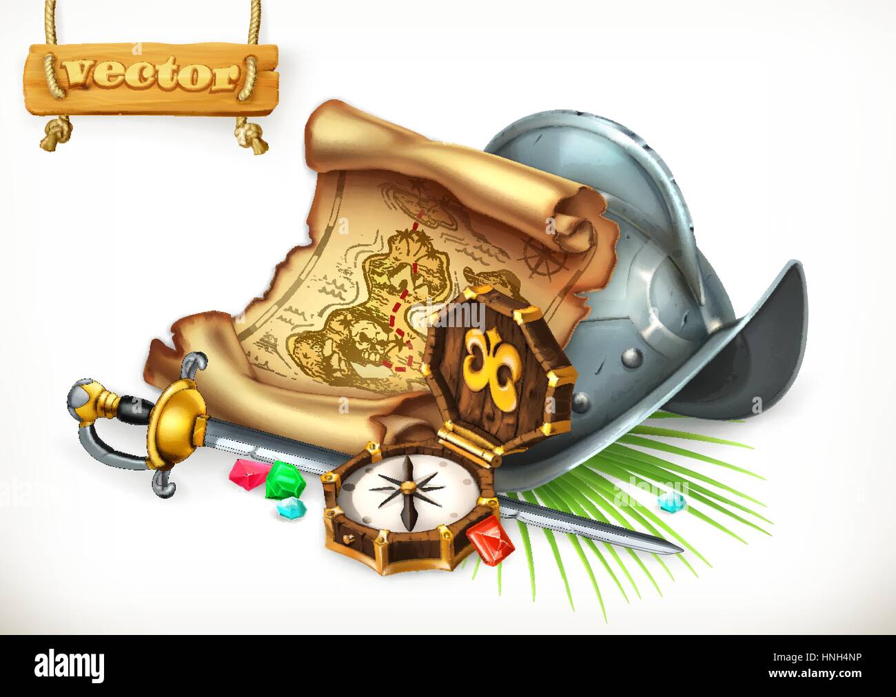Vieille carte au trésor et conquistador casque. 3d aventure vector illustration Illustration de Vecteur