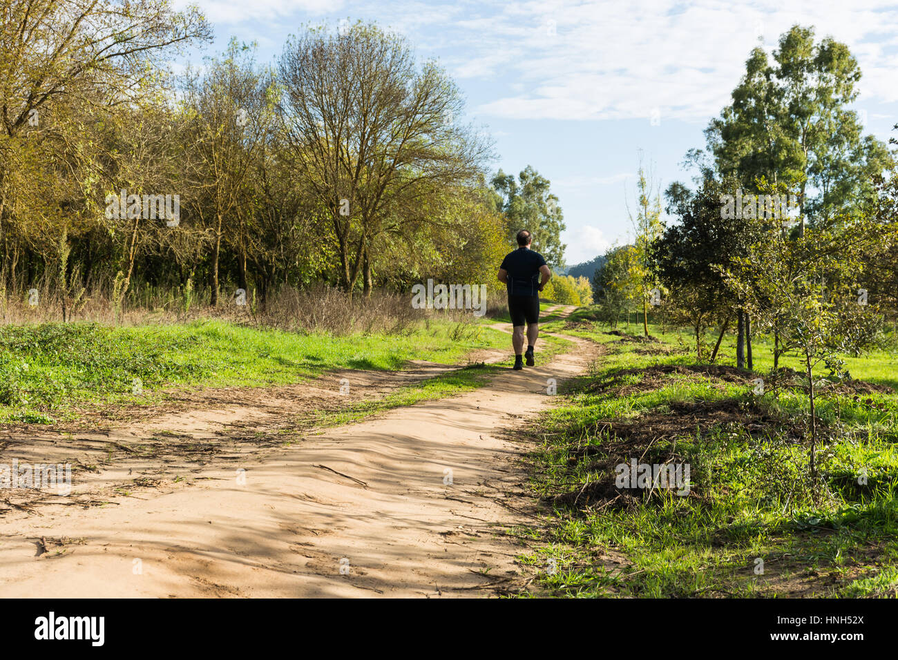 Gros Ventre man jogging , l'exercice de cardio, de faire dans le parc , un léger embonpoint, veulent perdre du poids. Sur une pelouse d'herbe verte entre les arbres sans lea Banque D'Images