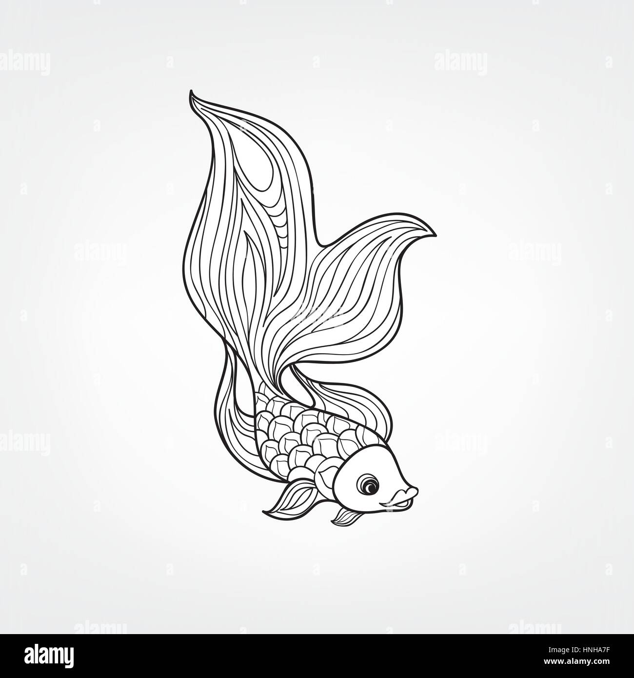 Poisson isolé sur fond blanc. doodle motif art de la ligne sous-marine de la vie marine en rétro style chinois. Illustration de Vecteur