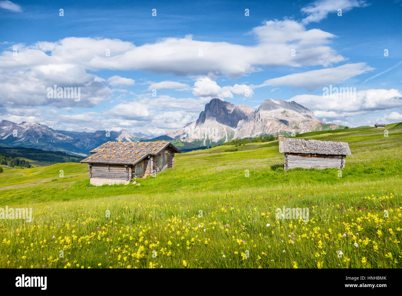 Paysage de montagne dans les Dolomites avec des vieux chalets de montagne et les prairies sur une belle journée ensoleillée en été, Alpe di Siusi, Italie Banque D'Images
