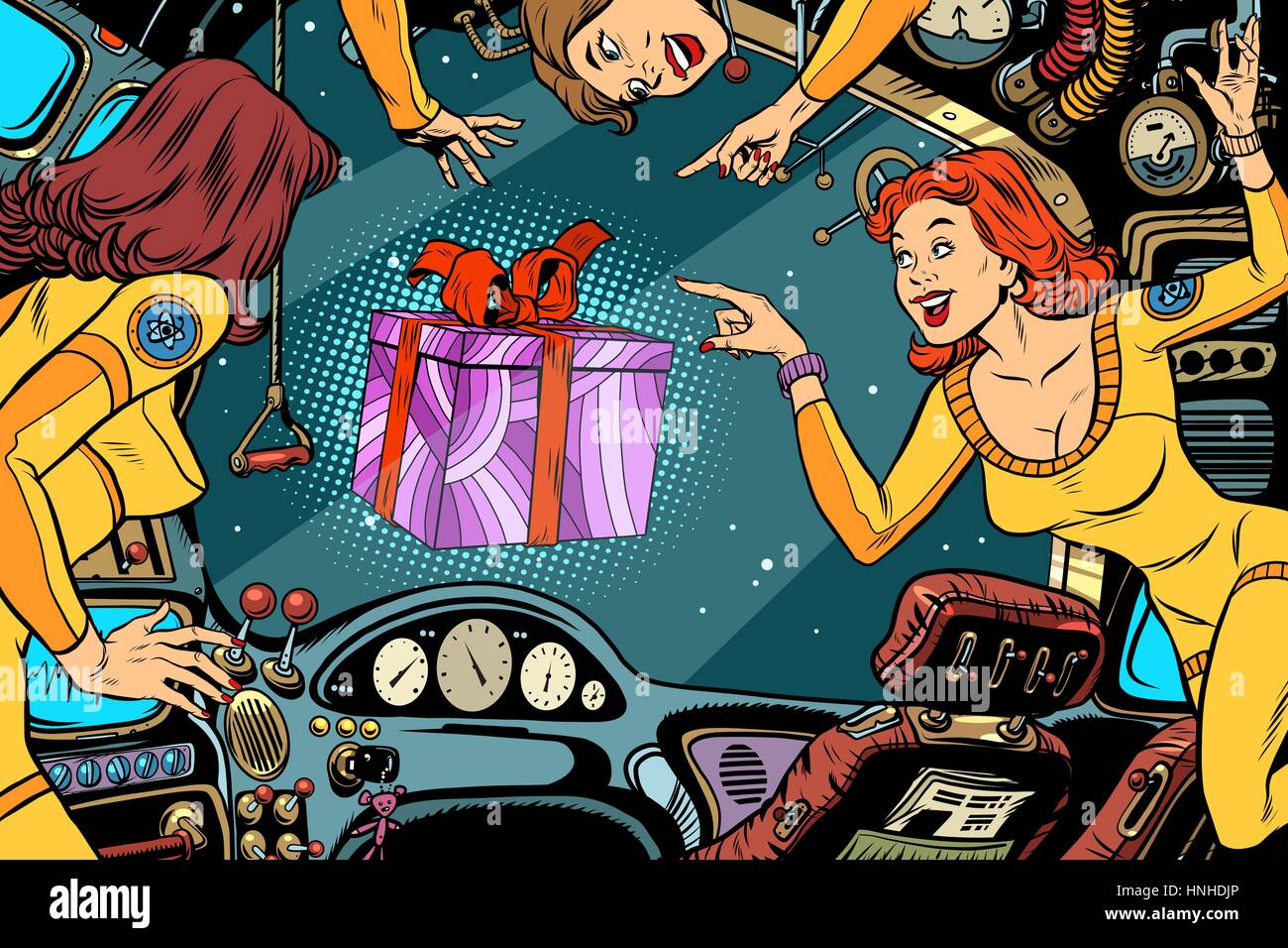 Les femmes astronautes dans la cabine d'un vaisseau et boîte-cadeau. Comics Vintage Retro pop art illustration couleur. La journée internationale des femmes et des mères de jour Illustration de Vecteur
