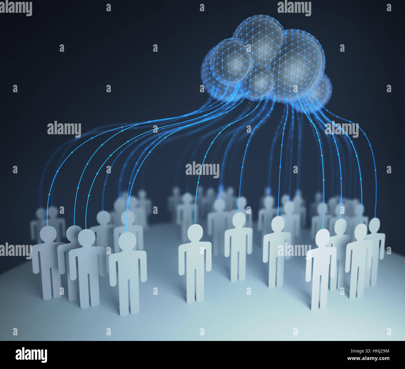 Les gens du monde interconected grâce à l'ordinateur partagé de ressources de traitement et de données aux ordinateurs, l'informatique en nuage. 3D illustration. Banque D'Images