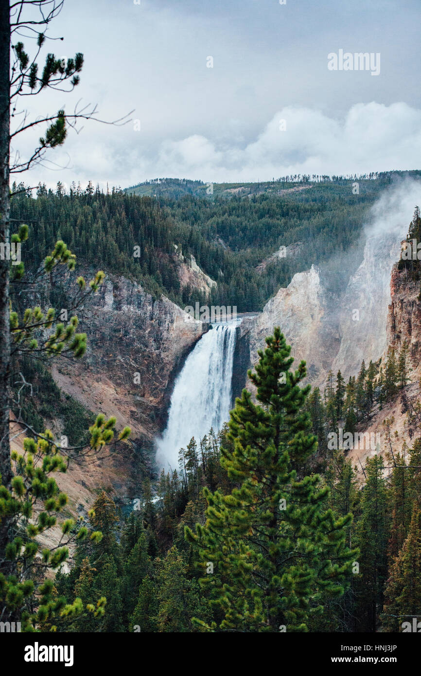 Vue panoramique de cascade contre au parc national de Yellowstone Banque D'Images