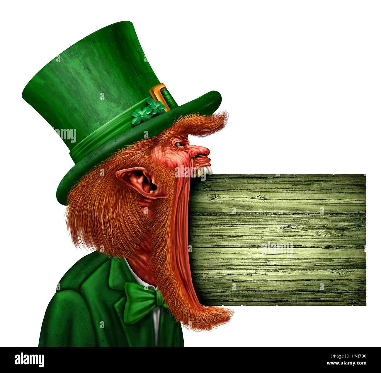 Leprechaun Saint Patrick signe la communication d'un message de vacances de printemps, le caractère magique de elf une bouche ouverte vue latérale de mordre. Banque D'Images