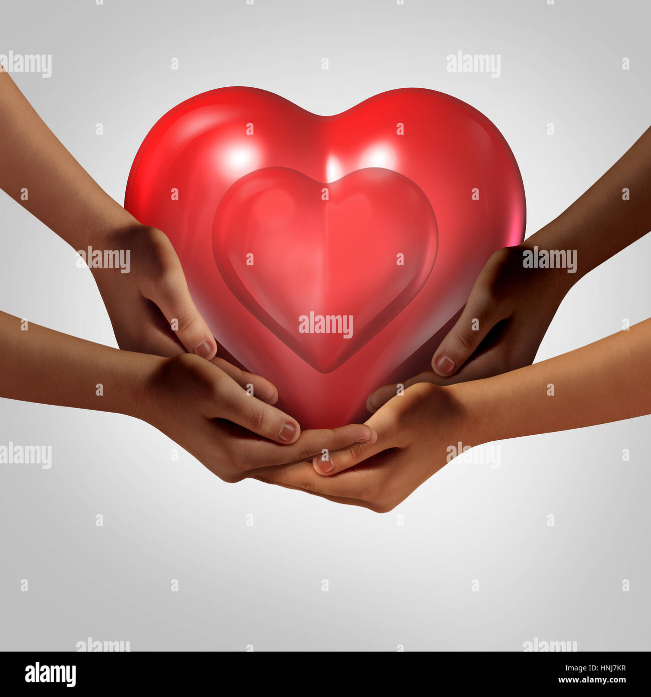 La société mondiale de l'amour et symbole de santé communautaire aussi diverses mains tenant un cœur rouge comme symbole pour s'occuper dans la société. Banque D'Images