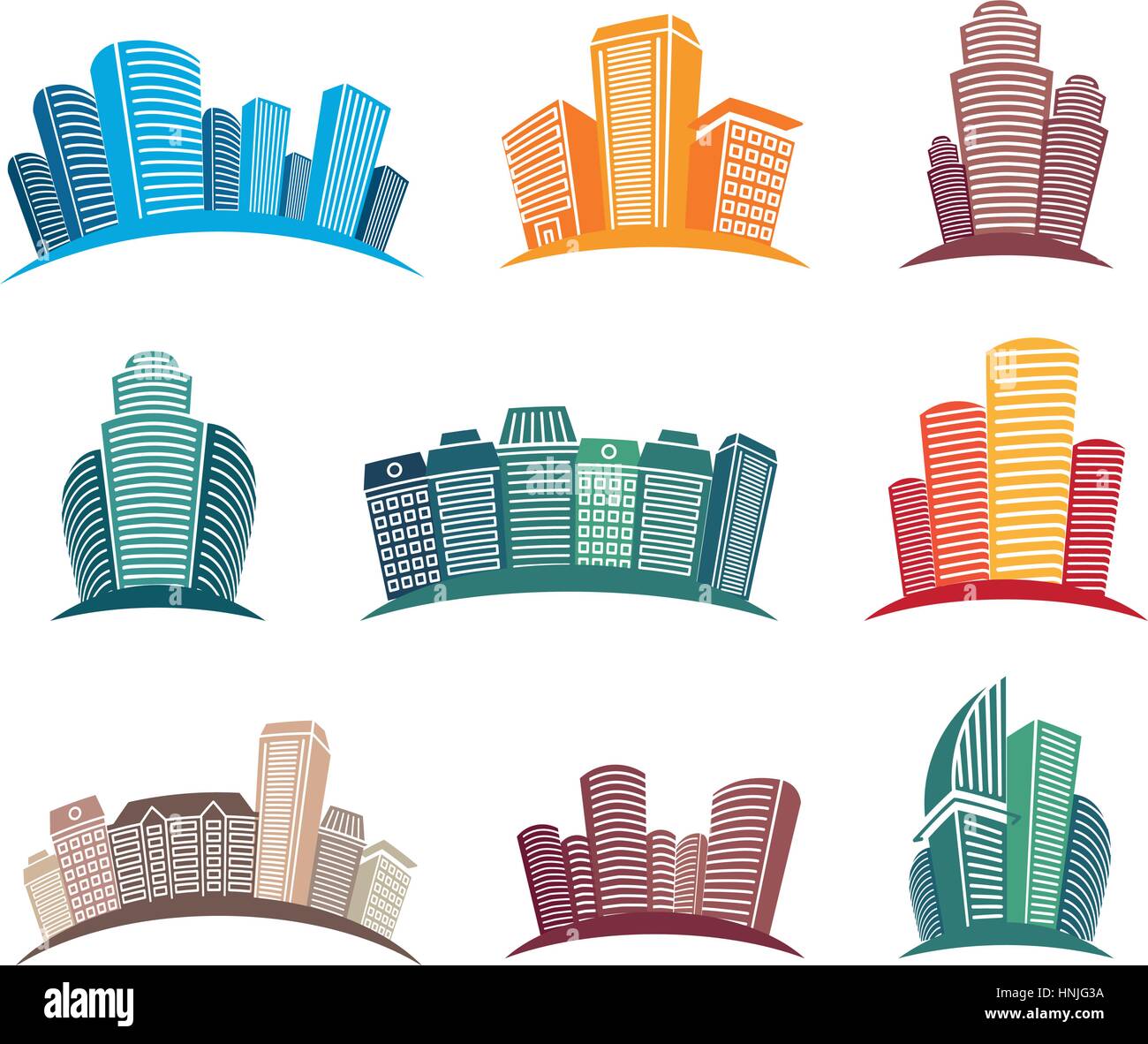 Gratte-ciel colorés isolé, emblèmes de la ville architecture et bâtiments en style cartoon vector illustrations collection. Illustration de Vecteur