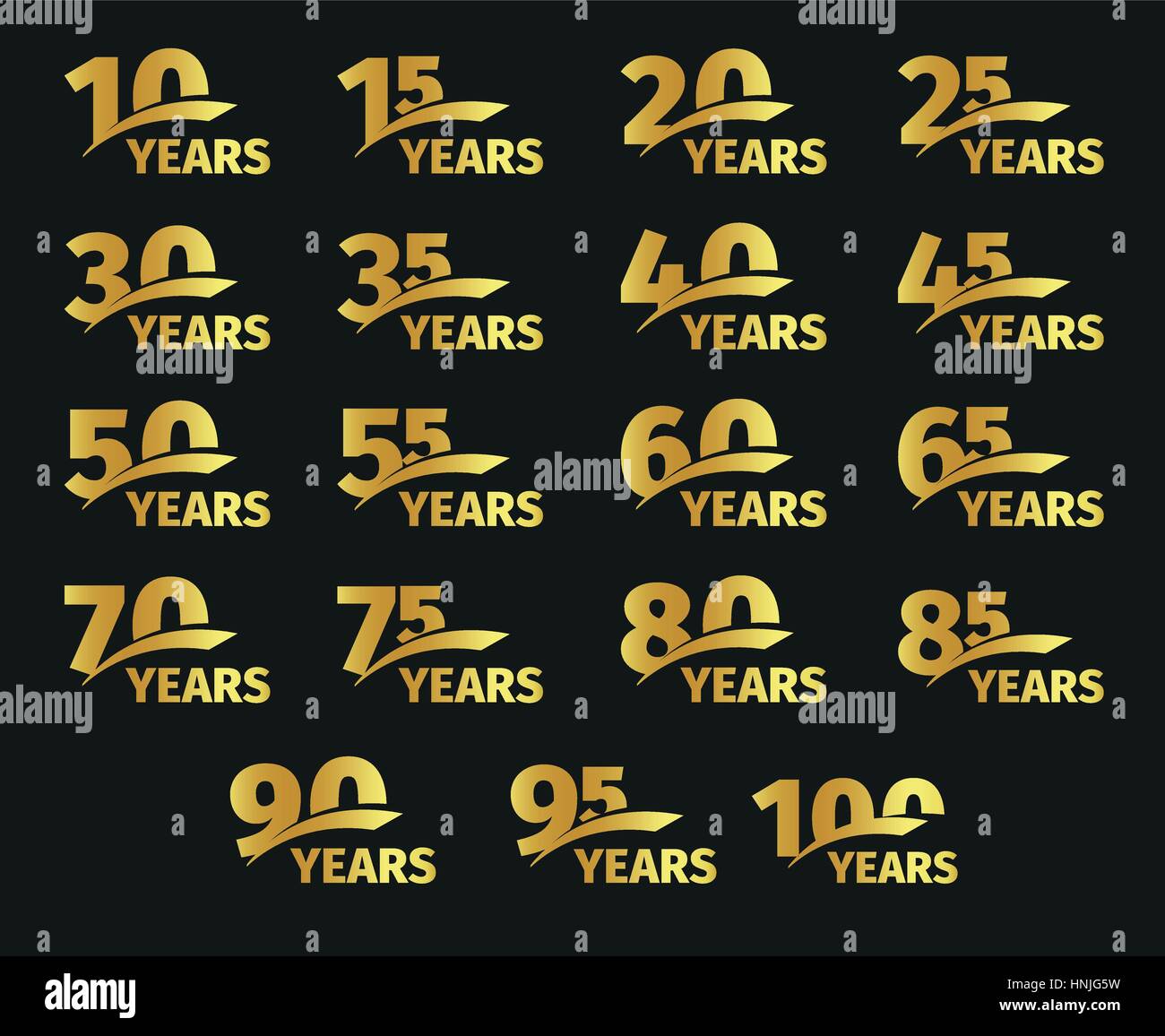 Numéro de couleur or isolé avec word ans icons collection sur fond noir, anniversaire anniversaire carte de souhaits éléments énoncés vector illustration. Illustration de Vecteur