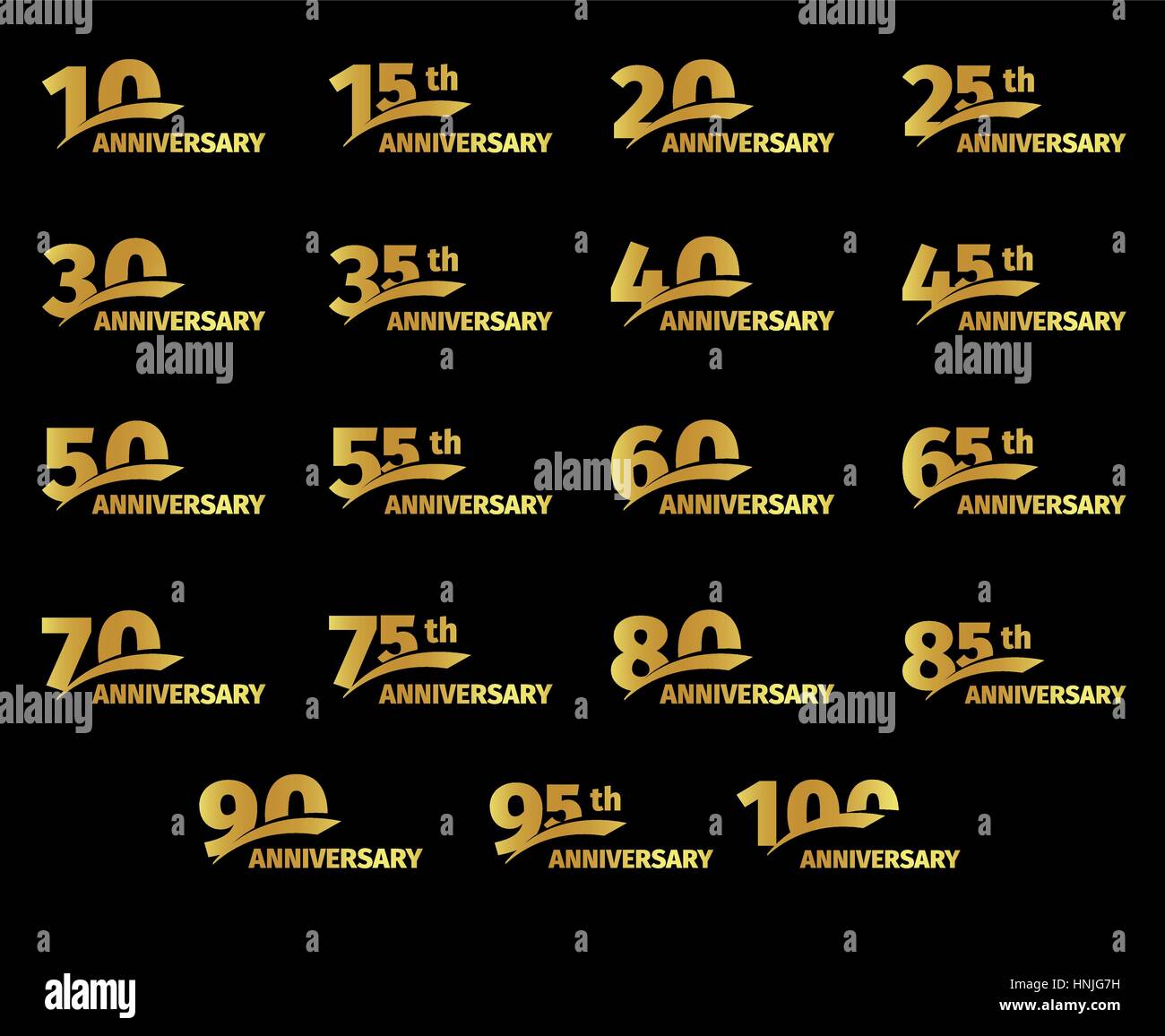 Numéro de couleur or isolé collection icônes sur fond noir, anniversaire anniversaire carte de souhaits éléments énoncés vector illustration. Illustration de Vecteur