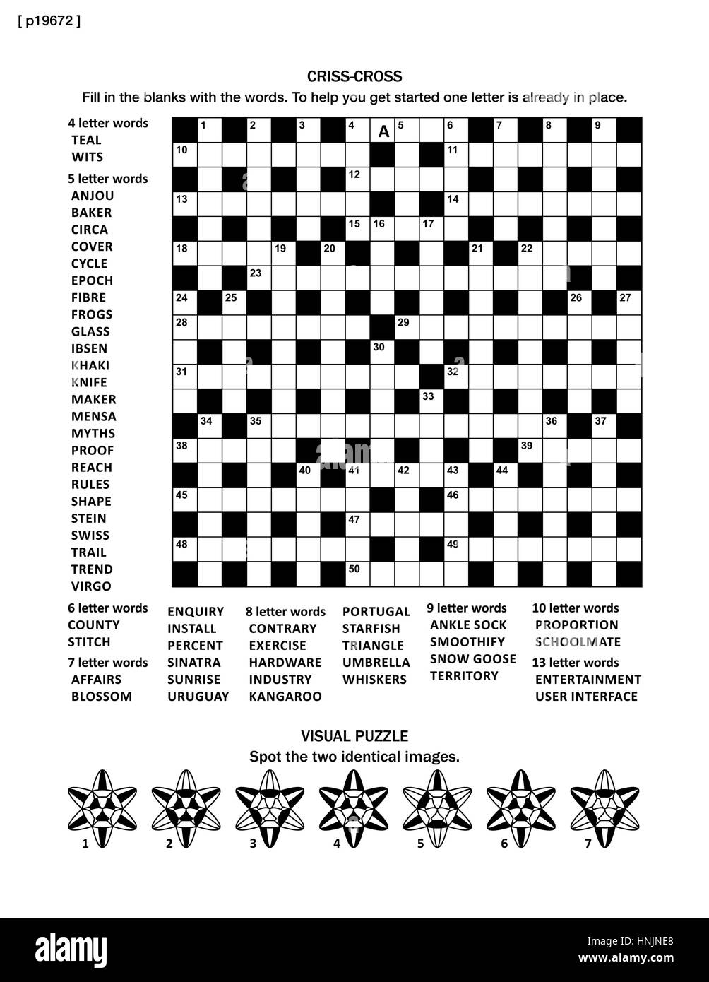 Page Puzzle avec 19x19 Jeu de mots en croix (en anglais) et photo énigme. Taille A4 ou lettre. Les réponses sont sur un fichier séparé nommé P19674. Illustration de Vecteur