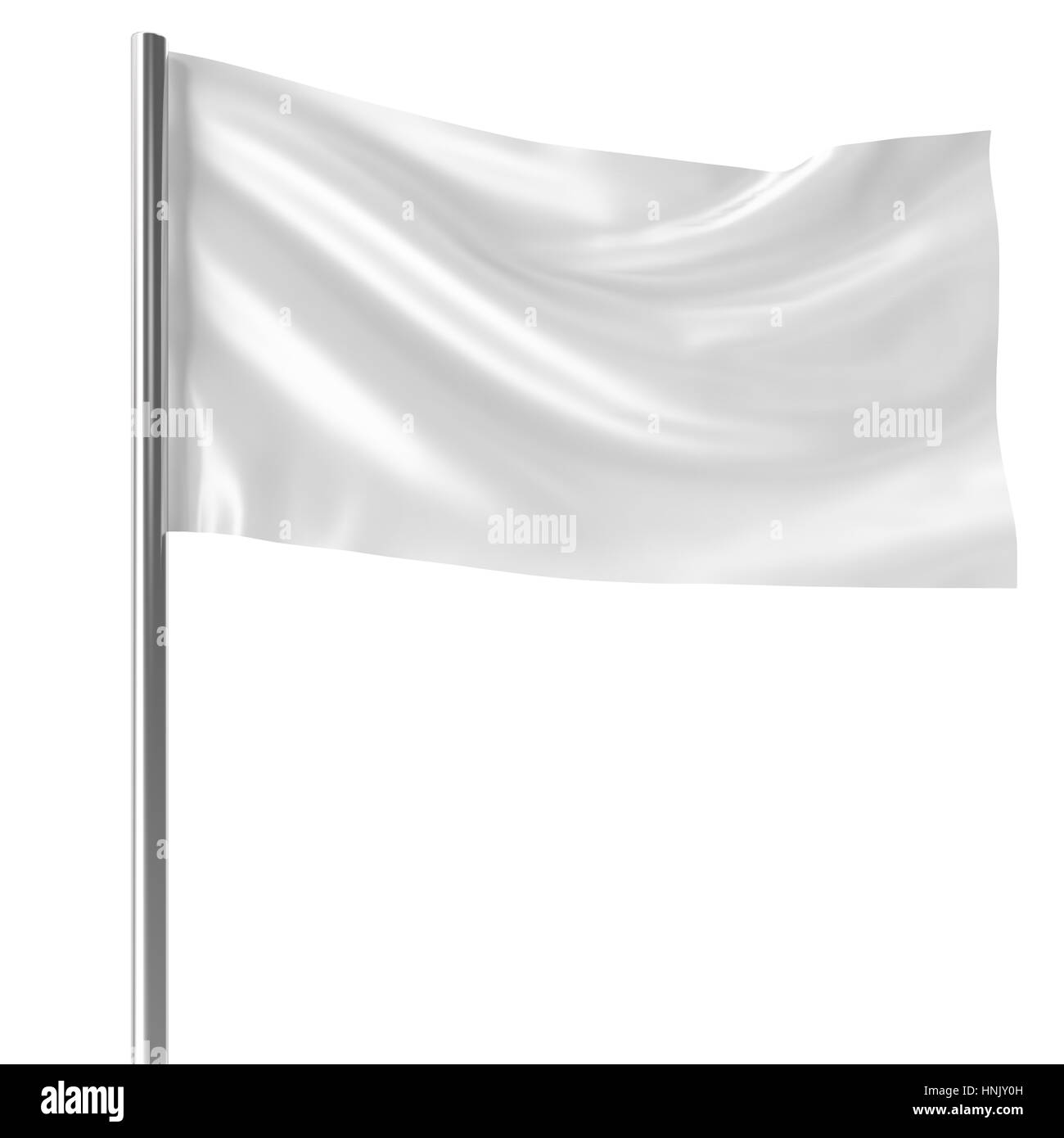 Drapeau blanc sur le mât au vent vide maquette, pavillon isolé sur fond blanc. Maquette vierge pour vos projets de conception, rendu 3D Banque D'Images