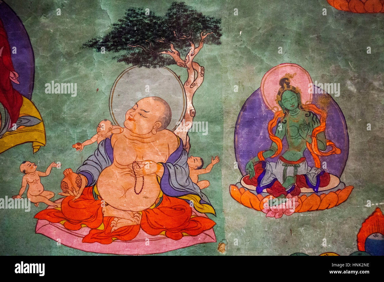 Peintures à l'intérieur du monastère Tagong dans la région du Plateau tibétain dans le Sichuan, en Chine. Banque D'Images