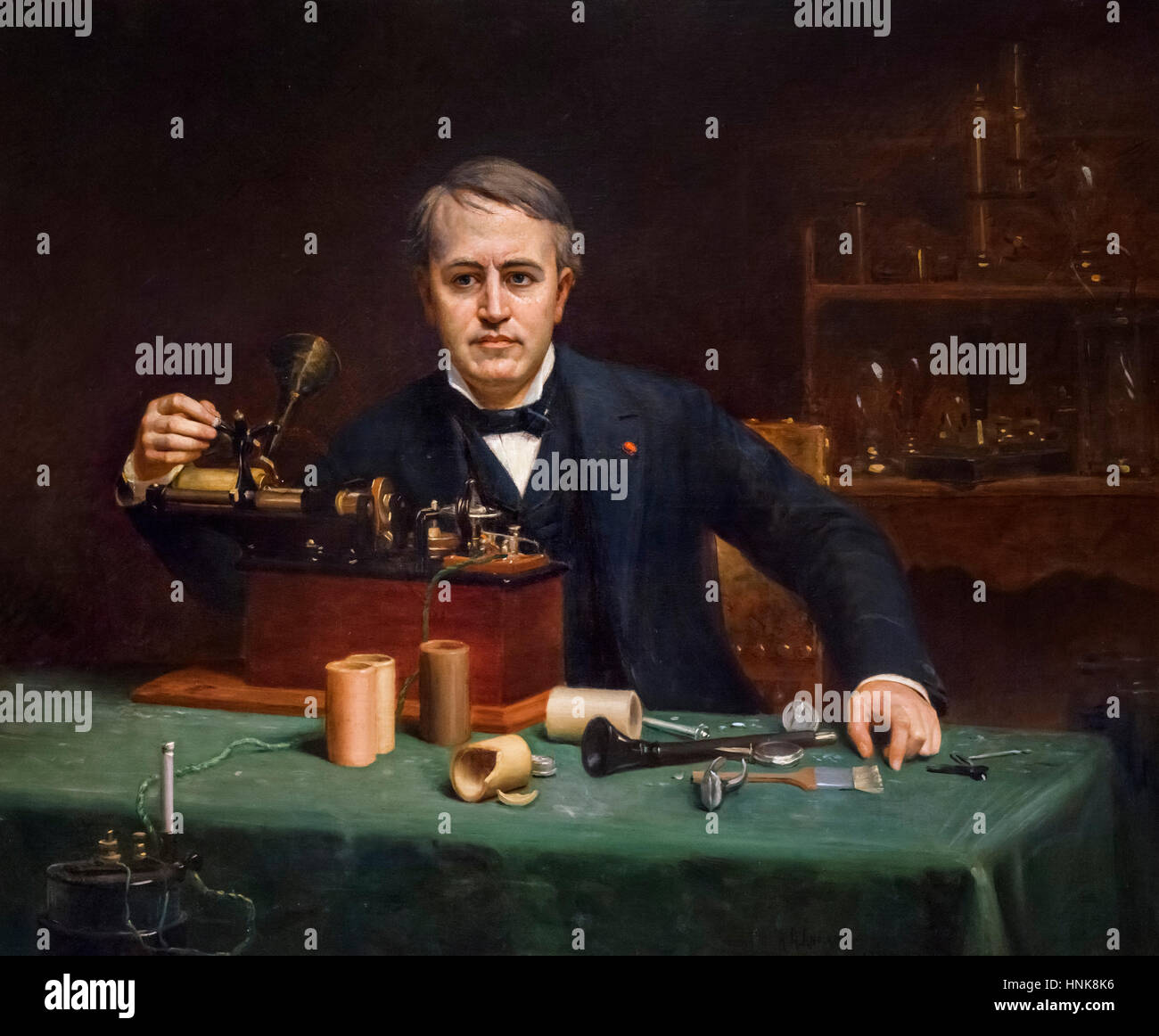 Thomas Edison. Portrait de l'inventeur Thomas Alva Edison (1847-1931) par Abraham Archibald Anderson, huile sur toile, 1890. La peinture a été faite au cours de l'Exposition de Paris de 1889 et montre avec son phonographe Edison. Banque D'Images
