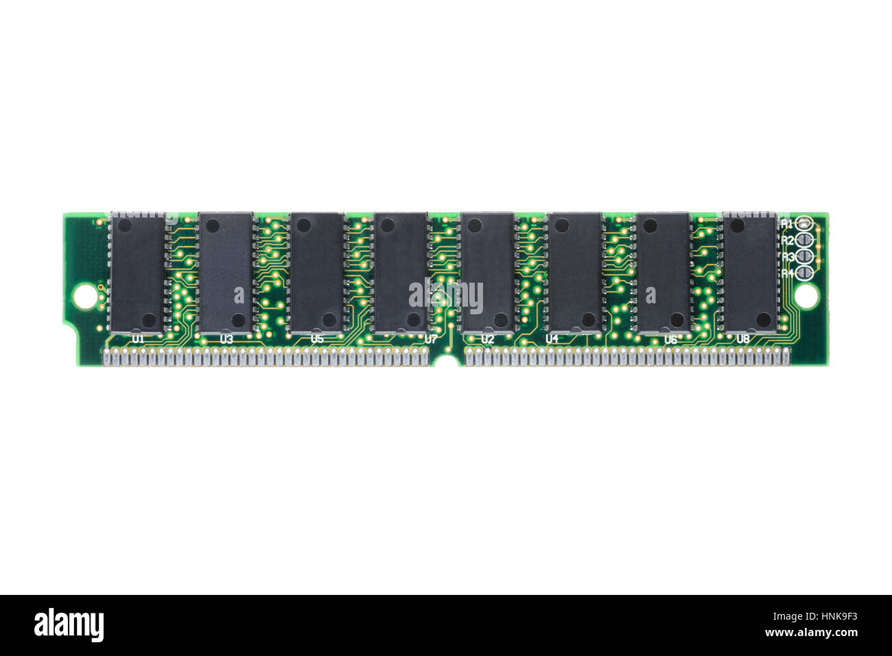 SIMM 72 broches gros plan RAM isolé sur fond blanc Banque D'Images