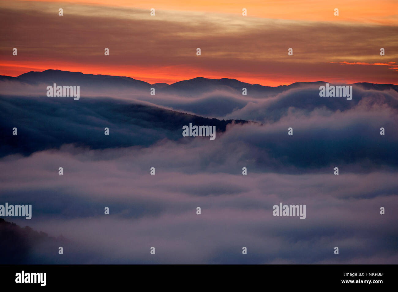 Brouillard sur la vallée du Tibre. Province de Terni. L'Ombrie. Italie Banque D'Images