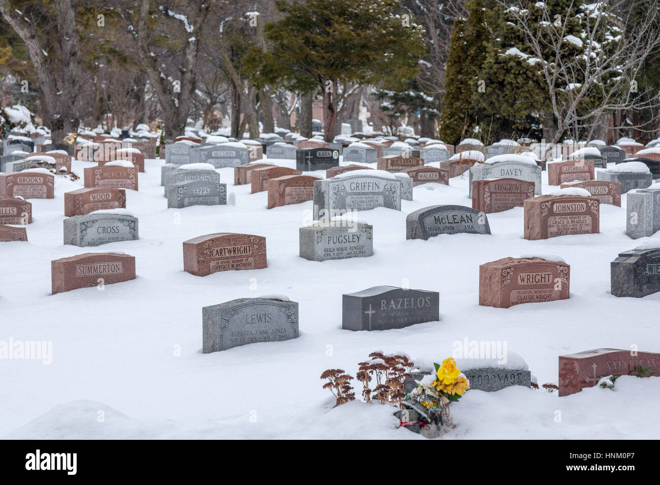 Montréal, Canada - le 23 décembre 2016 : Des tombes dans le Cimetière Mont-Royal sous le poids de la neige Banque D'Images