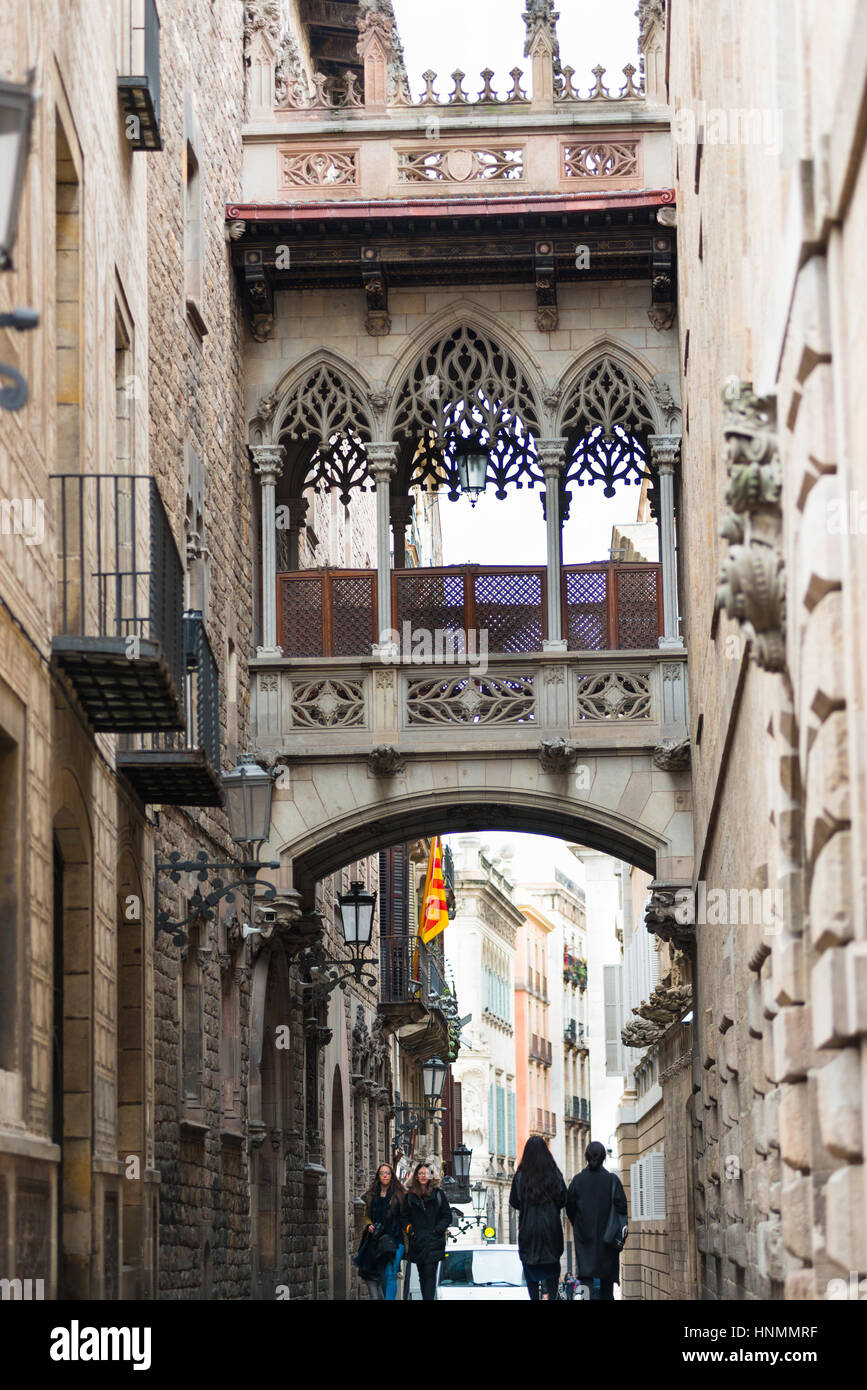 Barcelone, le Pont des Soupirs, façade latérale de la Carrer del Bisbe, cathédrale gothique de la Catedral de la Santa Creu i Santa Banque D'Images