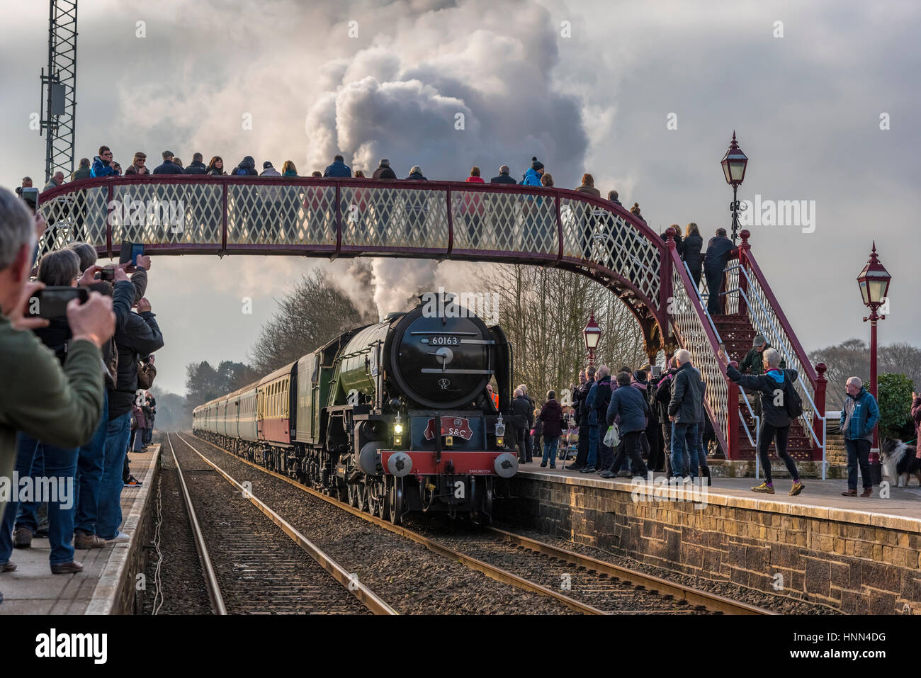 S'installer. Yorkshire du Nord. Nord-ouest de l'Angleterre. Mercredi 15 février 2017. La machine à vapeur au poivre sur la tornade de jour secnond hauling trains réguliers entre Skipton et Appleby sur l'installer à Carlisle railway. Les services sont le premier vapeur services schedueld transporté sur rail britannique pendant 50 ans. Le Tarin est photographié à régler avec de nombreux spectateurs avec leur caméra au poing. Crédit : John Davidson/Alamy Live News. Banque D'Images