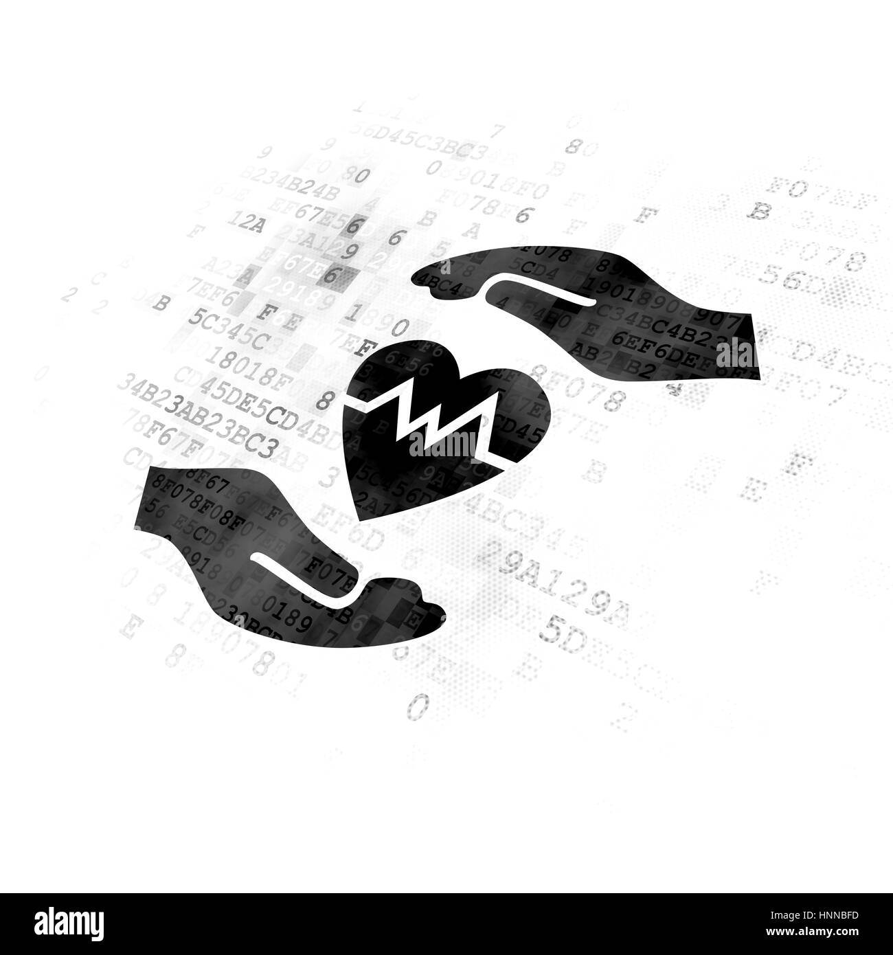 Concept d'assurance : Coeur et fond numérique sur Palm Banque D'Images Concept d'assurance : Coeur et fond numérique sur Palm Banque D'Images