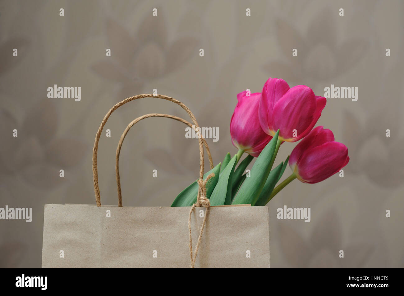 Bouquet de tulipes rouges dans un sac en papier Banque D'Images