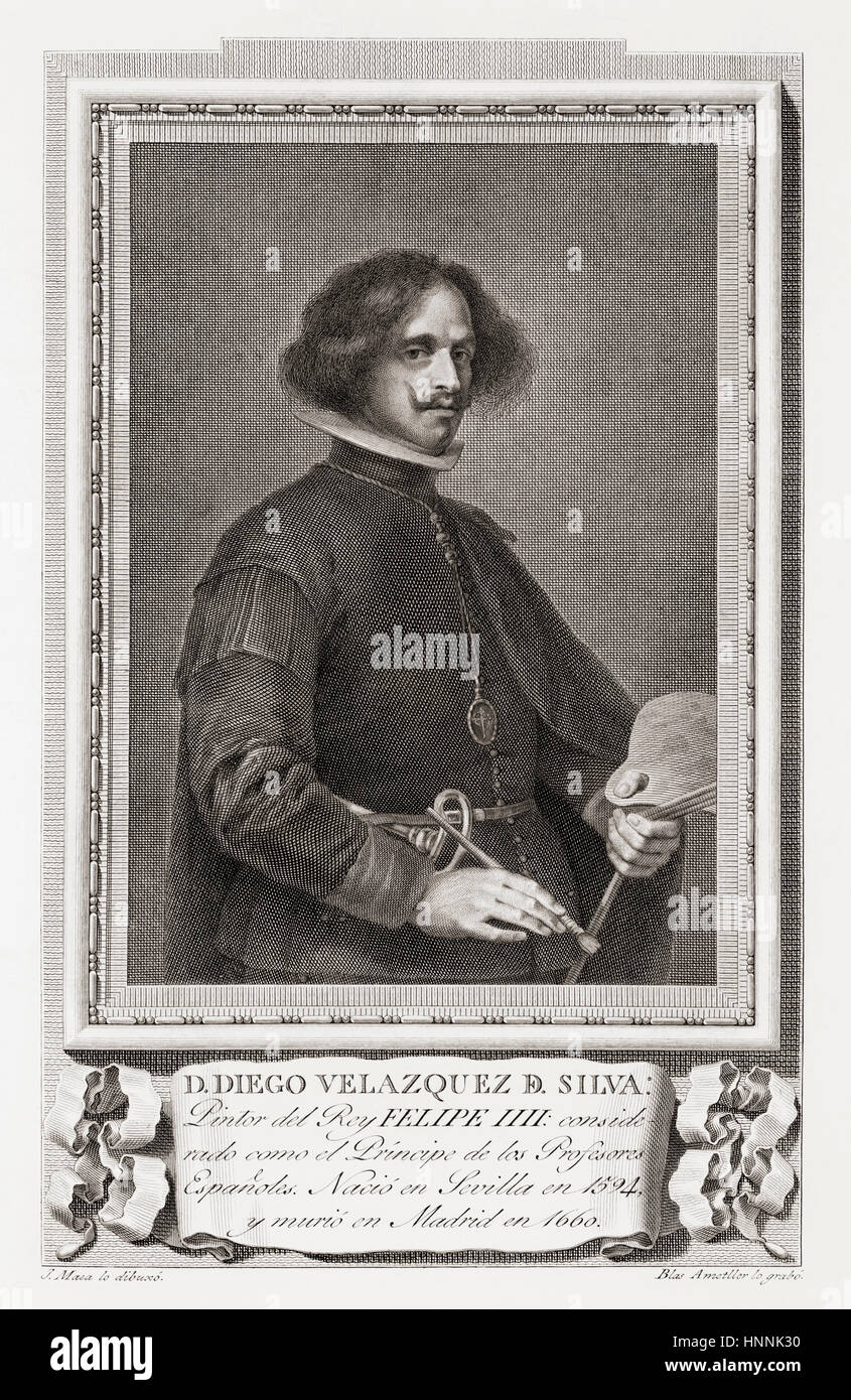 Diego Rodríguez de Silva y Velázquez, 1599 - 1660. Peintre espagnol, le premier artiste dans la cour du roi Philippe IV au cours de l'or espagnol. Après une gravure dans Retratos de Los Españoles Ilustres, publié à Madrid, 1791 Banque D'Images