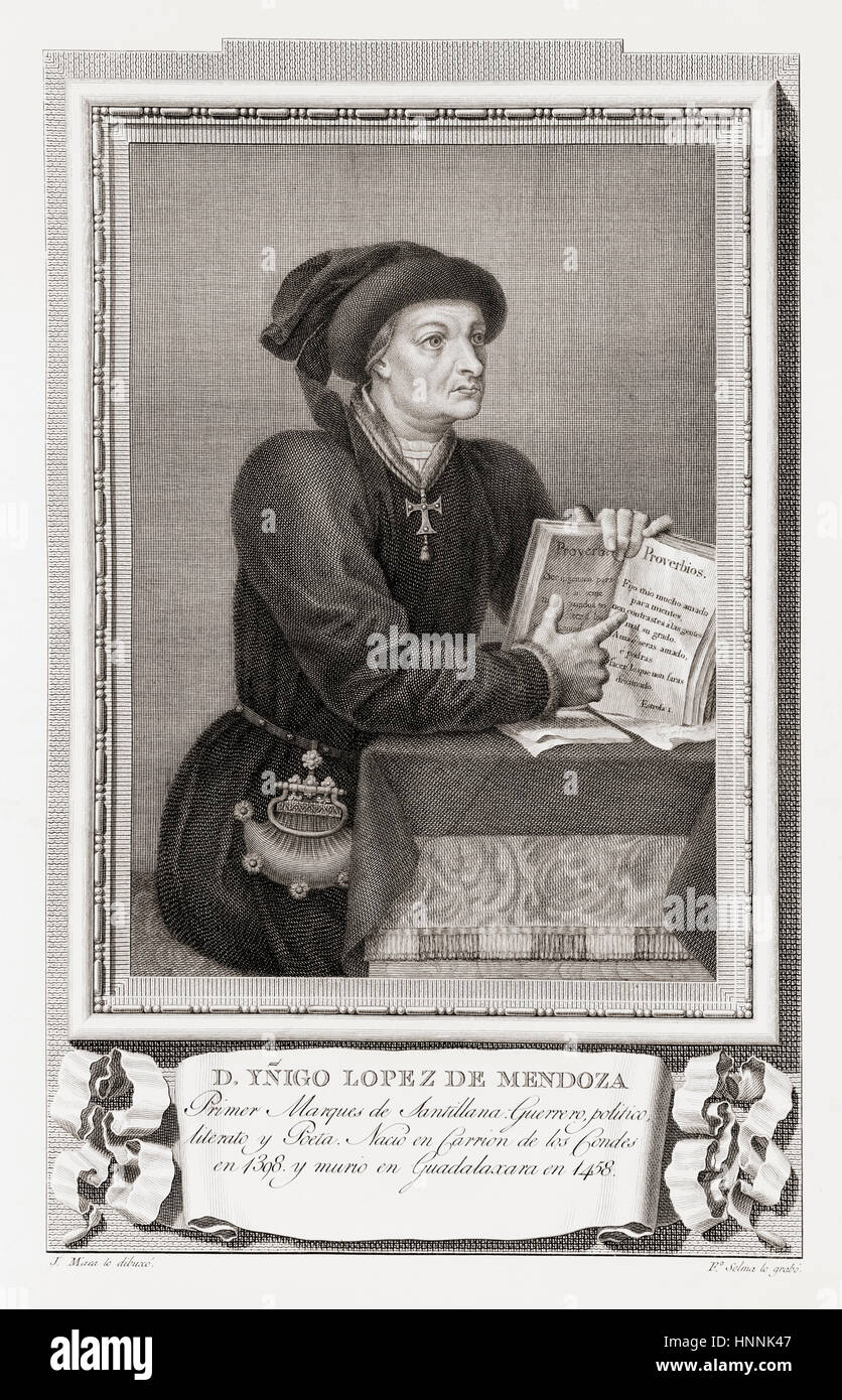 Iñígo López de Mendoza y de la Vega, Marquis de Santillana, 1398 - 1458. Poète et homme politique castillane. Après une gravure dans Retratos de Los Españoles Ilustres, publié à Madrid, 1791 Banque D'Images