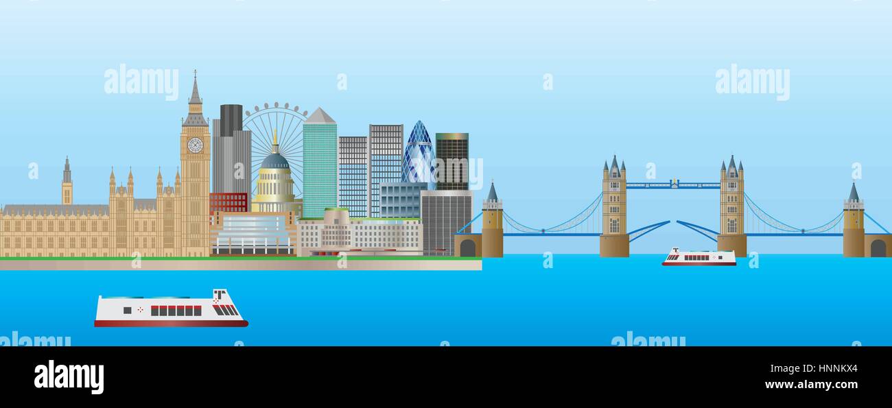 Londres Angleterre Skyline Panorama avec le Tower Bridge et le Palais de Westminster Illustration Illustration de Vecteur