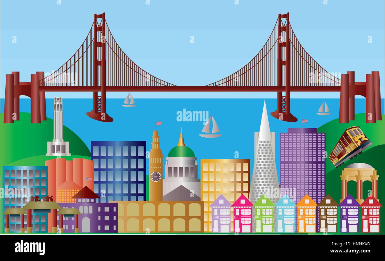 San Francisco California City Skyline avec Golden Gate Bridge et Landmarks Illustration Panorama Illustration de Vecteur