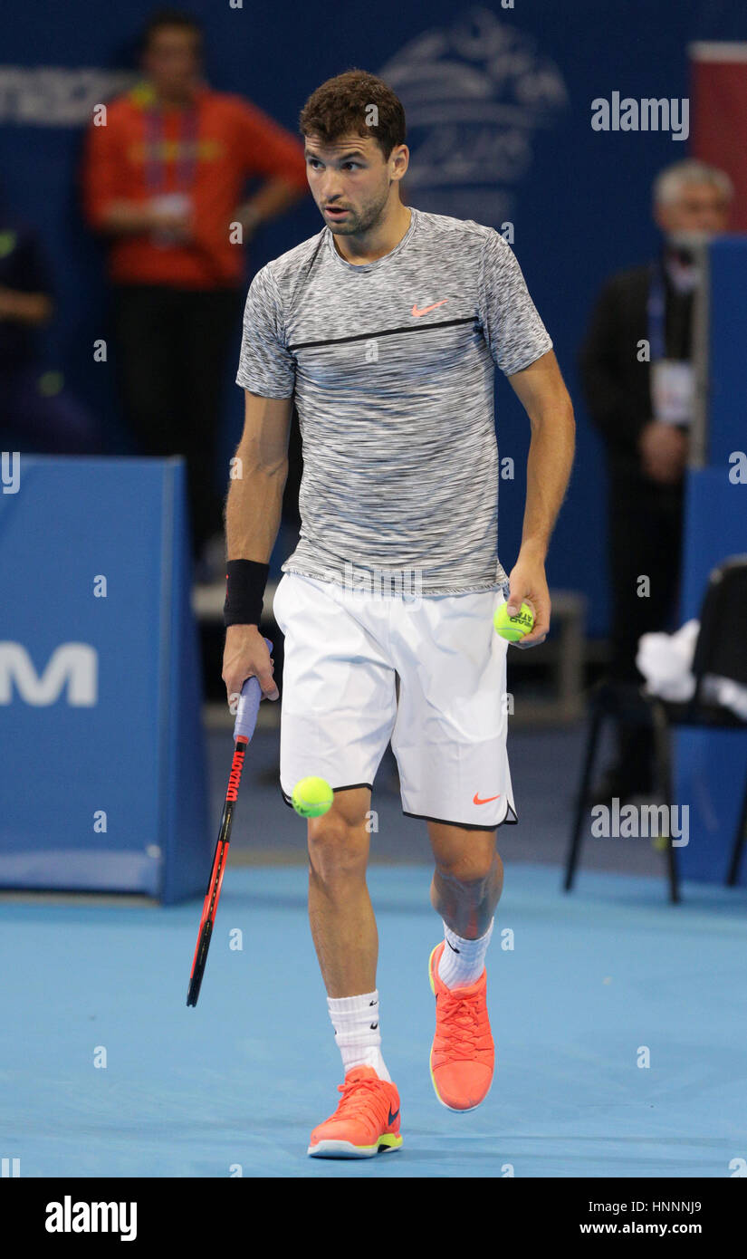 Sofia, Bulgarie - 11 Février 2017 : Grigor Dimitrov (photo) de la Bulgarie joue contre Nikoloz Basilashvili à partir de la Géorgie pendant un match de Sofi Banque D'Images