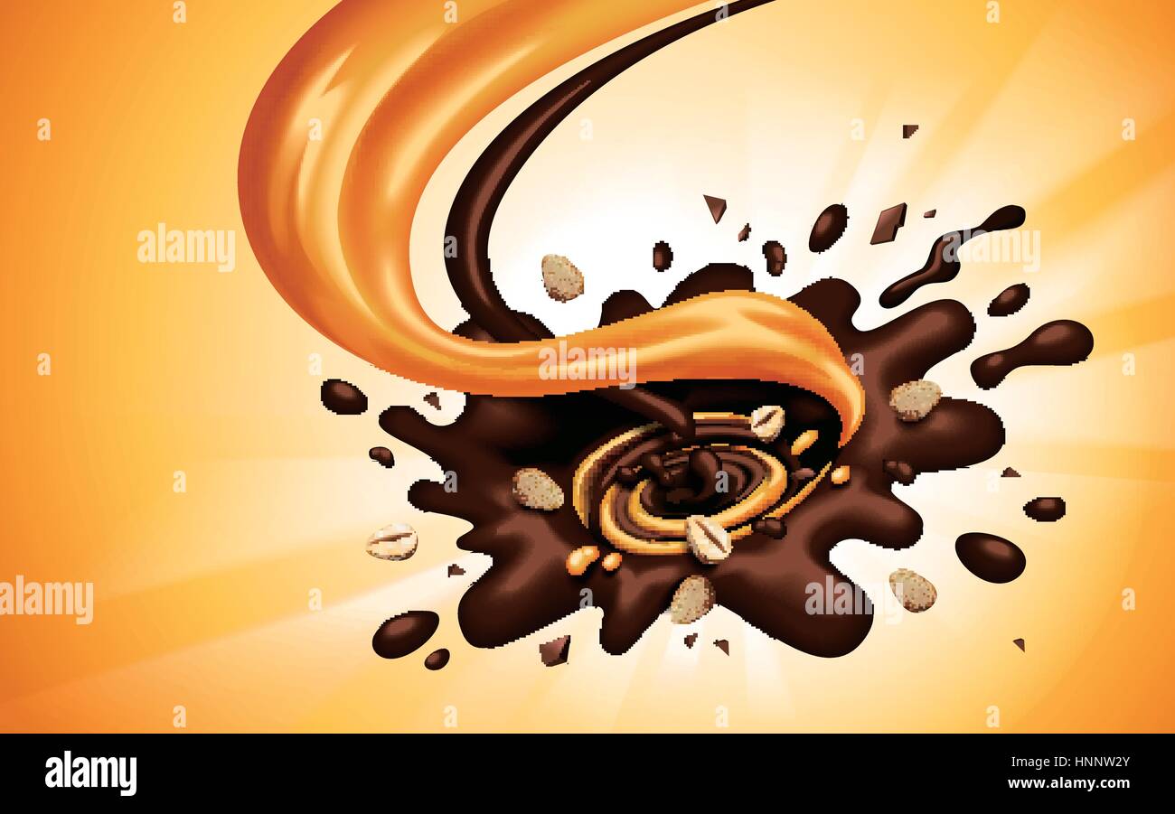 Chocolat et caramel liquide mélangé de débit dans un tourbillon, fond orange,  3d illustration Image Vectorielle Stock