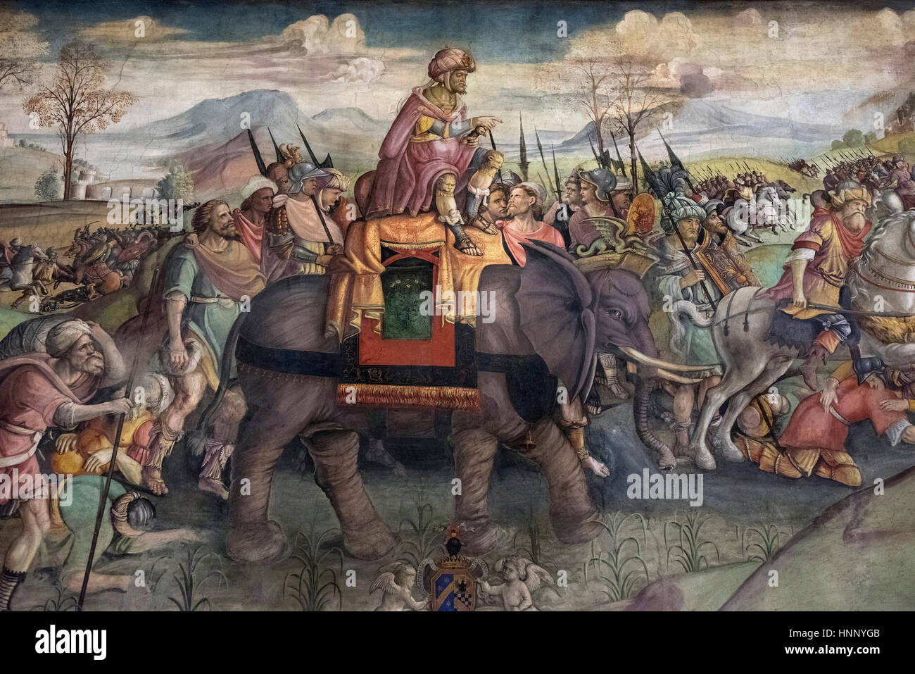 Rome. L'Italie. Hannibal en Italie, la fresque représente Hannibal traversant les Alpes à dos d'éléphant dans la Deuxième Guerre punique, l'Italie, 3e siècle avant J.-C., une Banque D'Images