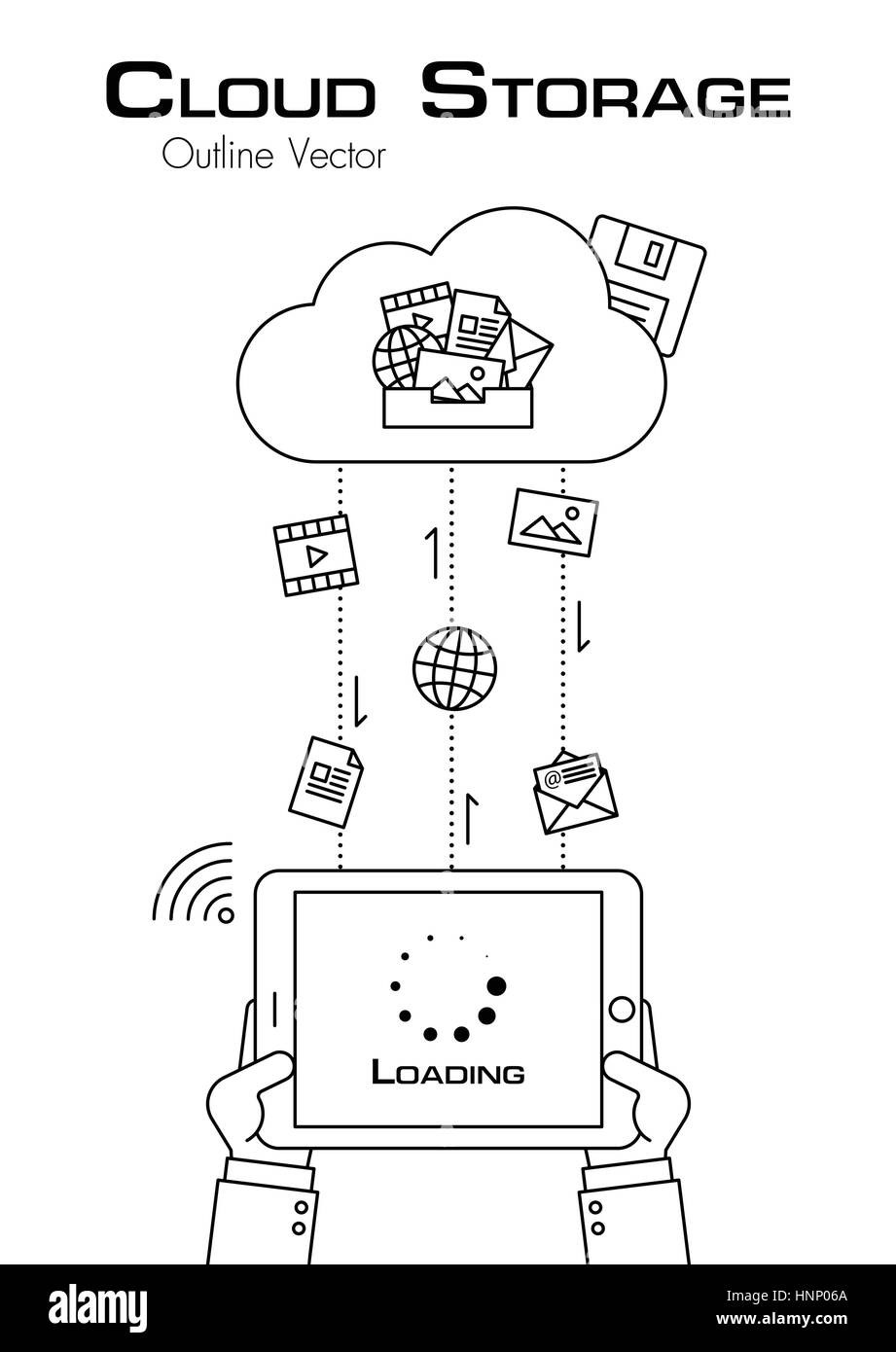 Le stockage Cloud . Personne utiliser pour télécharger le fichier comprimé plus de serveurs cloud . contours style . télévision design . Illustration de Vecteur