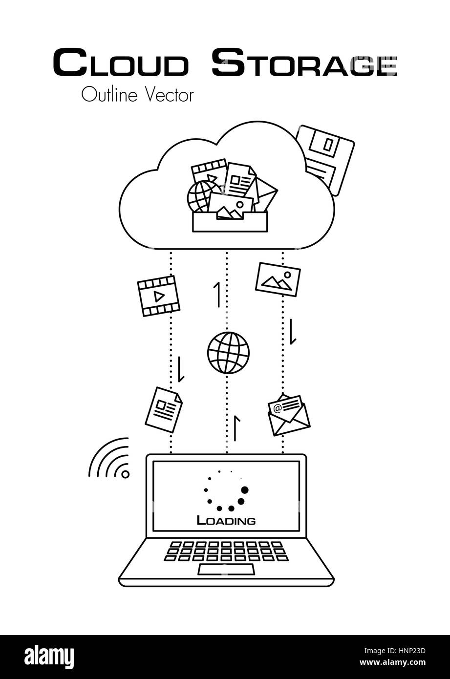 Le stockage Cloud . Plus de fichier a été téléchargé à partir de serveurs cloud pour ordinateur portable . style contour . télévision design . Illustration de Vecteur