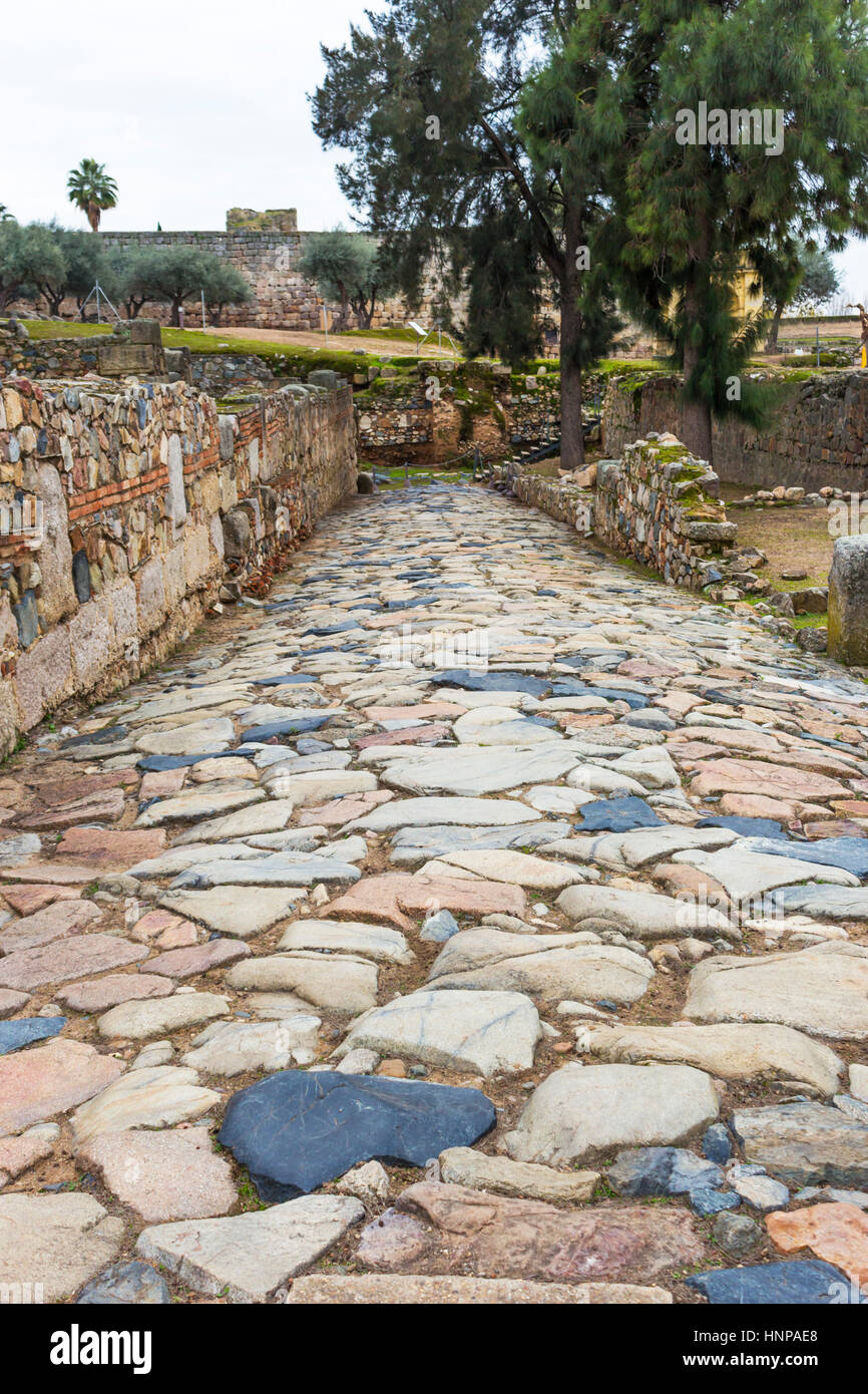 Merida, Badajoz Province, Estrémadure, Espagne. Partie d'une voie romaine dans l'Alcazaba, un 9ème siècle fortification musulmane. Banque D'Images