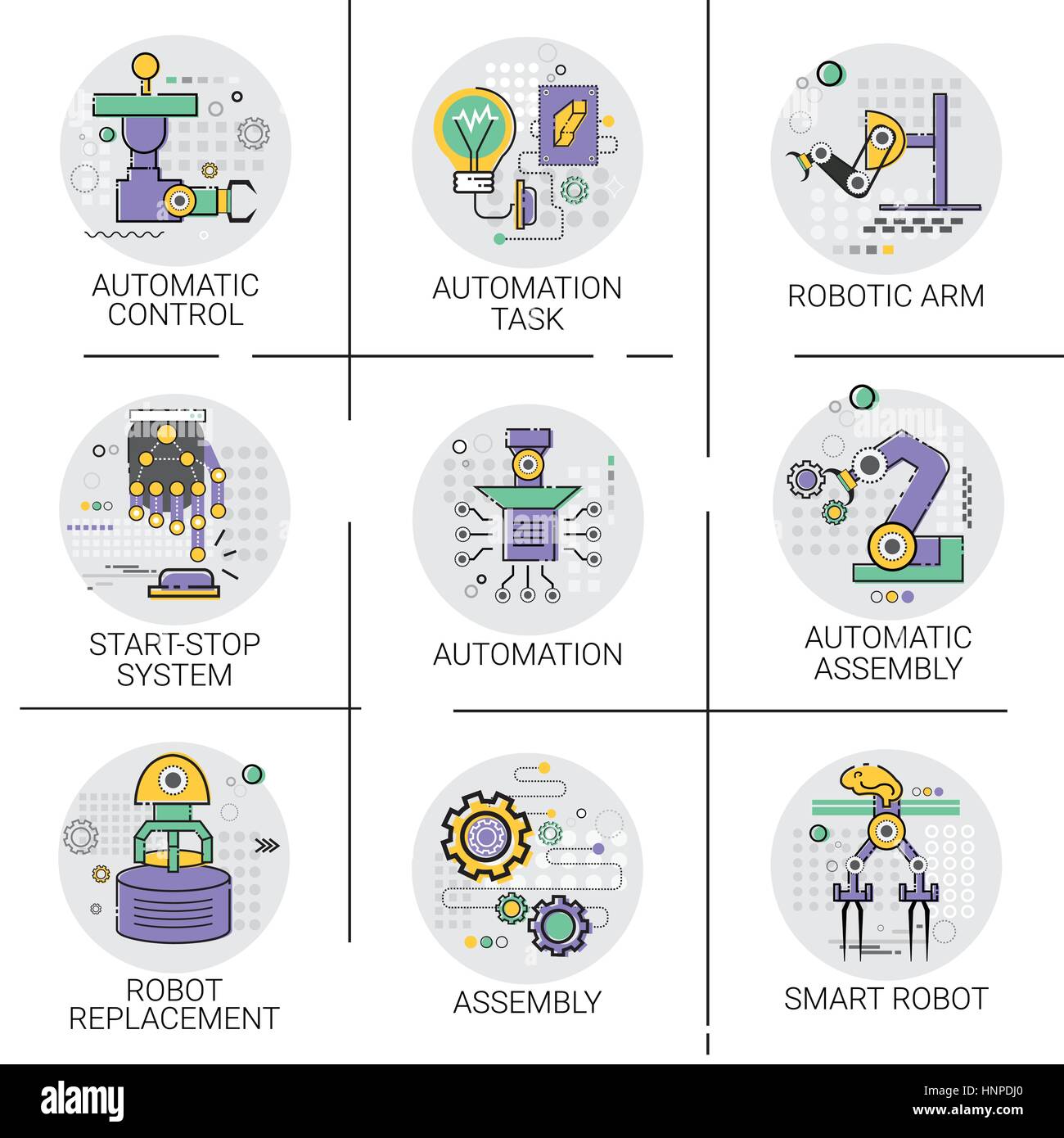 Robot automatique de la production de l'industrie de l'automatisation industrielle Machines Icon Set Illustration de Vecteur