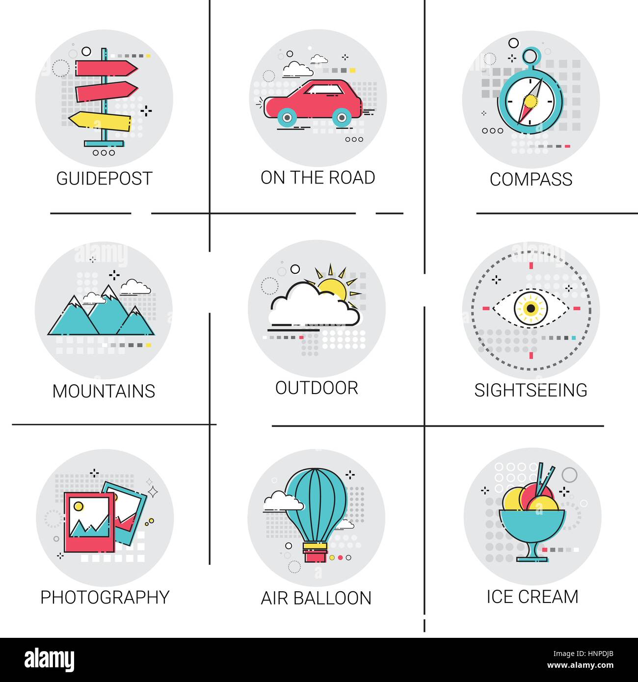 Voyage en voiture les montagnes Montgolfière tourisme voyage locations de vacances Icon Set Illustration de Vecteur