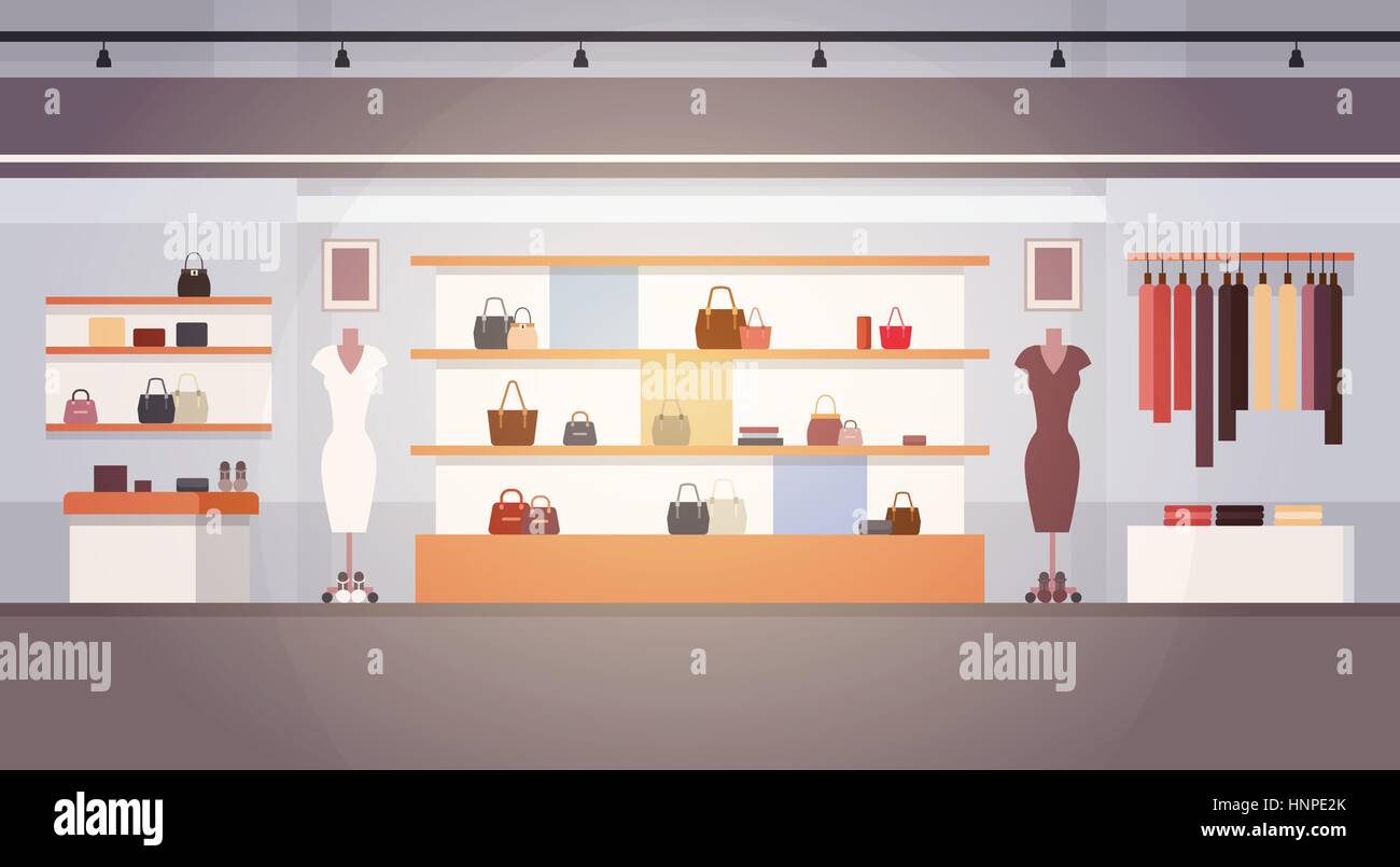 Grande boutique de mode Super marché Les vêtements féminins Shopping Mall Interior Banner With Copy Space Illustration de Vecteur