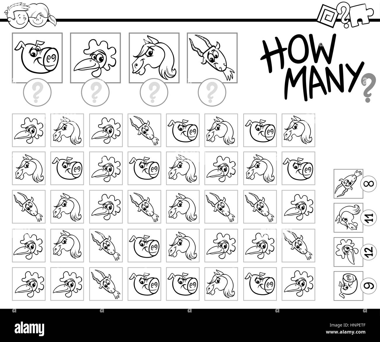 Illustration Cartoon noir et blanc de jeu de compte pour les enfants ayant des caractères des animaux de ferme à colorier Illustration de Vecteur