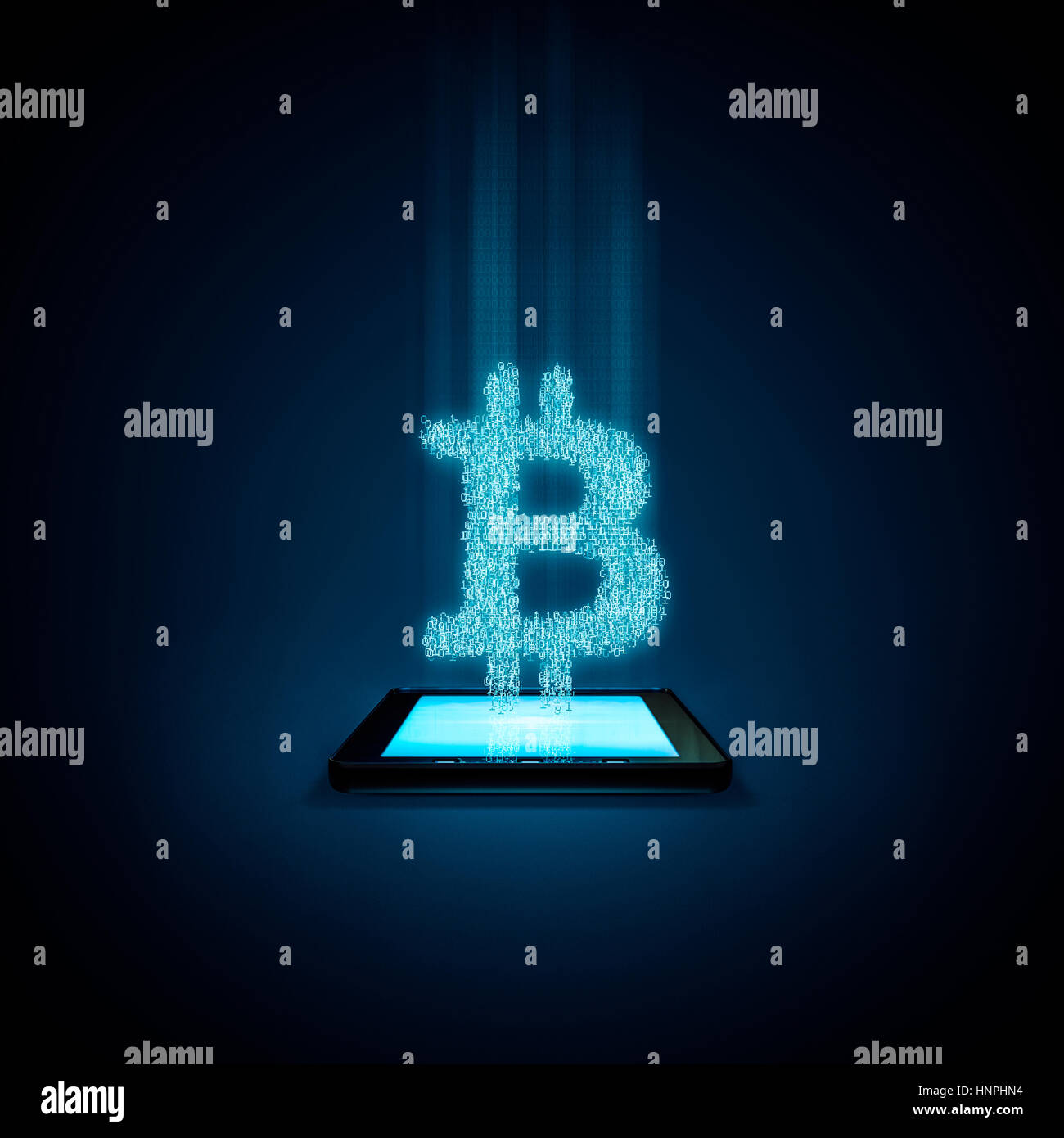 Bitcoin binaire / tablette 3D illustration of glowing symbole bitcoin sortant de l'écran de l'ordinateur tablette Banque D'Images