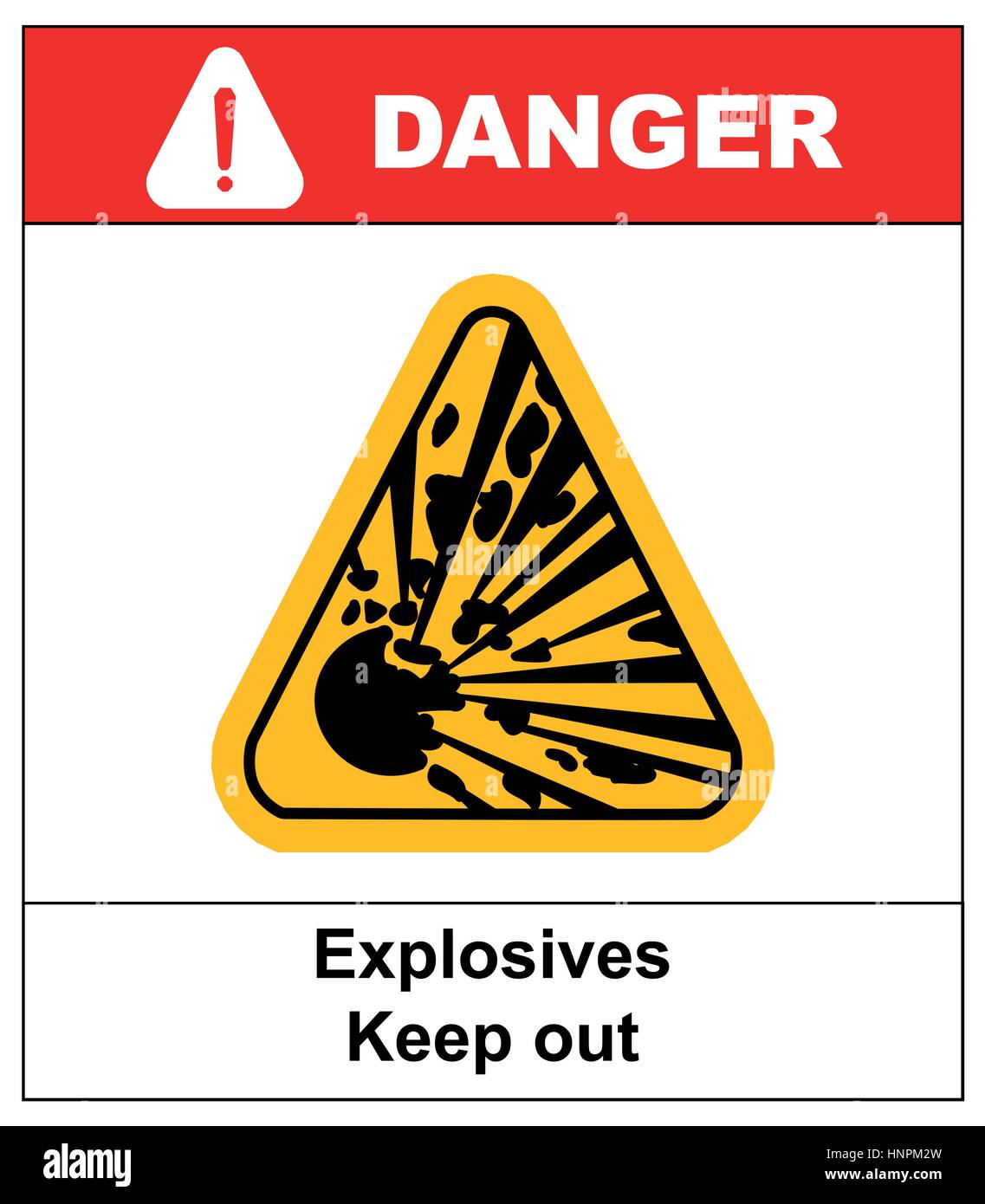 Symbole de l'explosion dans le triangle jaune danger bannière d'explosifs avec texte garder hors Illustration de Vecteur