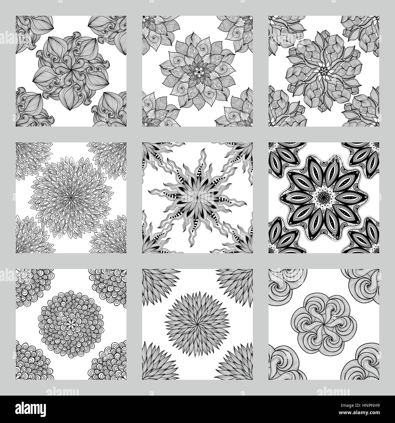 Ensemble de modèles sans couture de Mandala. Ornement rond noir et blanc. Page à colorier. Vector illustration. Illustration de Vecteur