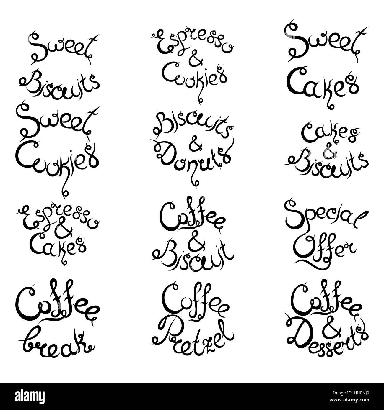 Set 3 de curly lettrage dessiné à la main des expressions pour Café. Espresso Cappuccino Gâteaux Donuts Macarons Cookies Biscuits Latte Macchiatto tasse de café Illustration de Vecteur