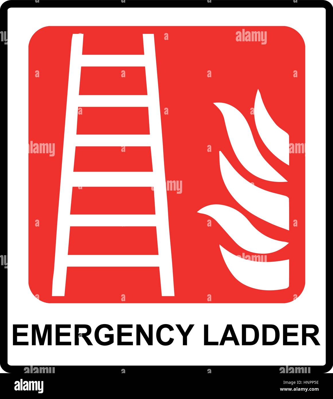 Signe de l'échelle d'incendie. Symbole pour l'évacuation d'urgence de vecteur dans les lieux publics. Autocollant d'urgence Rouge avec étiquette texte isolé sur blanc. Illustration de Vecteur