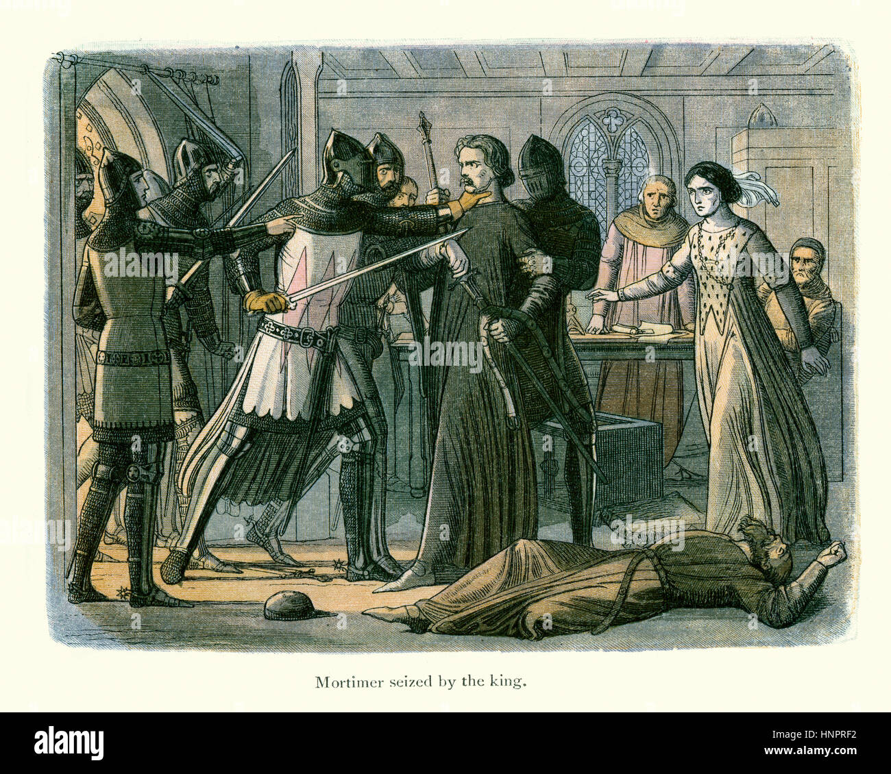 Mortimer saisis par le roi. Roger Mortimer était le dirigeant de facto de l'Angleterre et le régent du jeune roi qui était venu au trône à l'âge o Banque D'Images