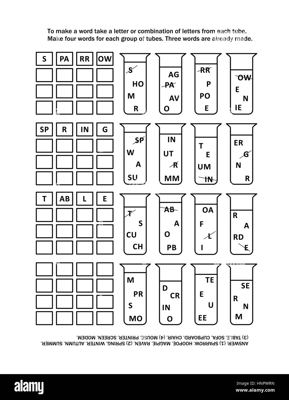 Jeu de mots (en anglais) pour les enfants ou adultes : prendre quatre mots pour chaque groupe de tubes en prenant une lettre ou combinaison de lettres de chaque tube. Illustration de Vecteur