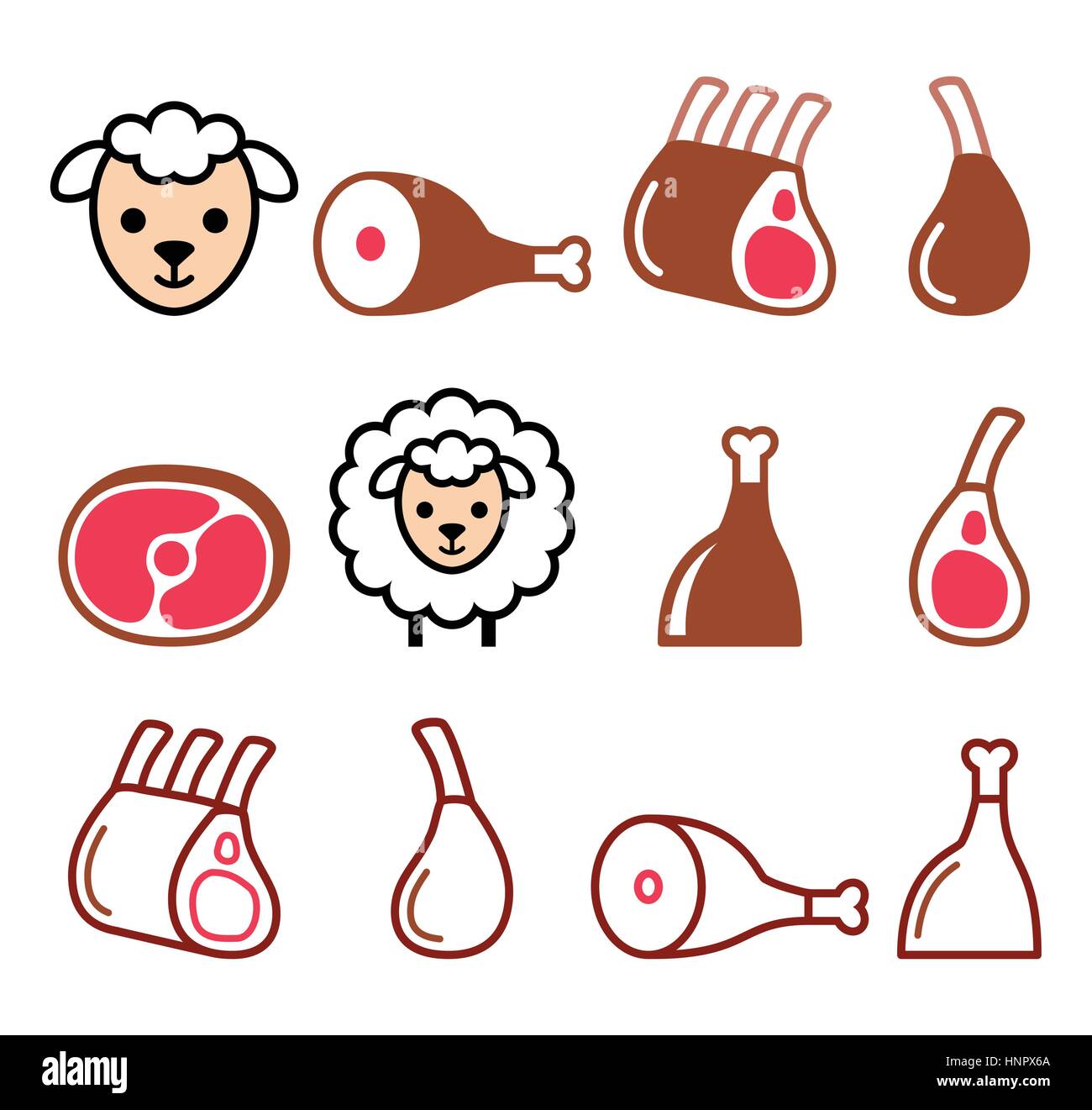La viande d'agneau, gigot d'agneau, côtes et icons set Illustration de Vecteur