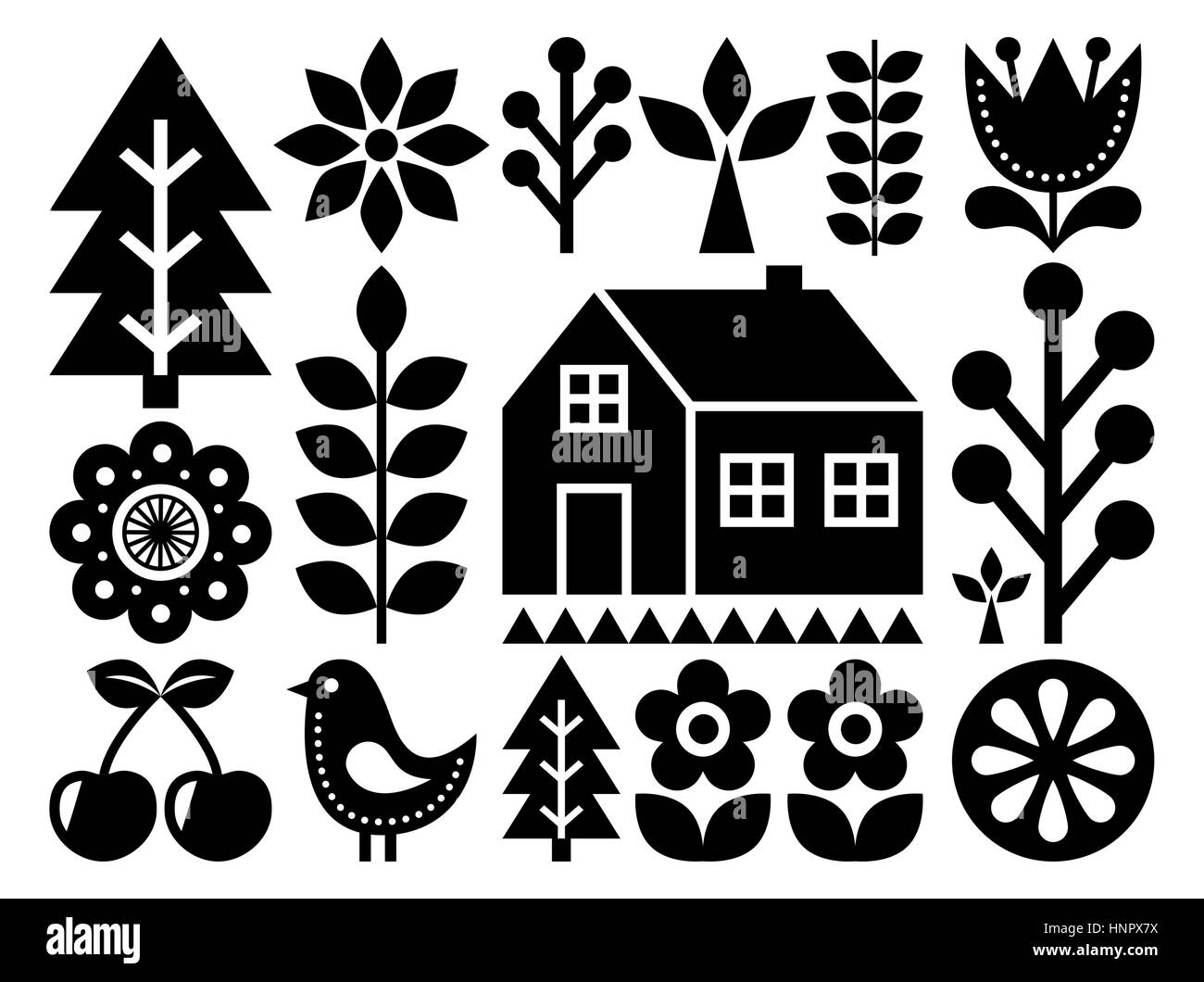 L'art populaire nordique, scandinave - motif inspiré par l'art finlandais, noir et blanc Illustration de Vecteur