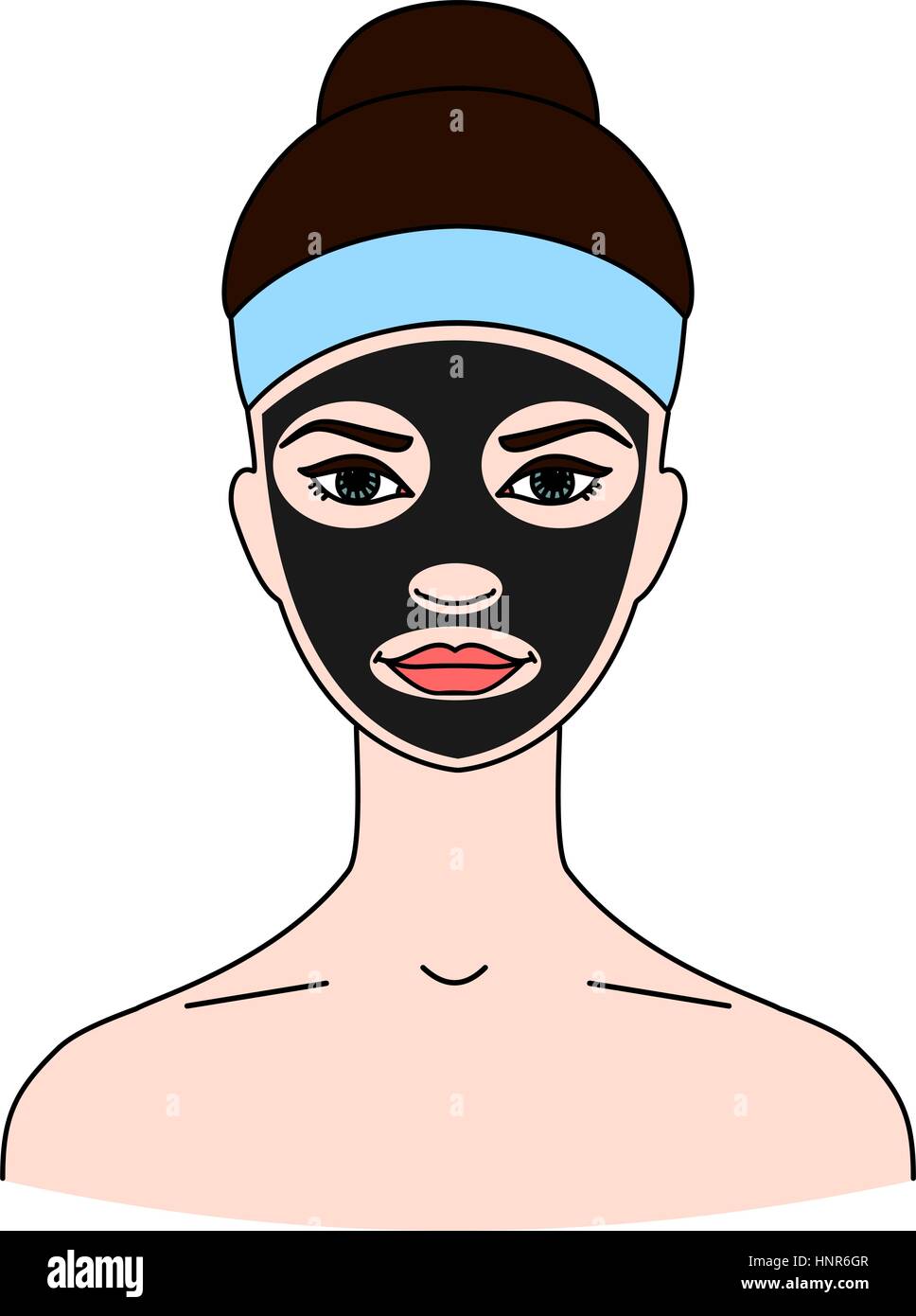 Masque cosmétique noir sur le visage d'une femme. Le concept de soins de beauté, soins de la peau et du nettoyage ethnique. Isolé sur fond blanc. Illustration de Vecteur
