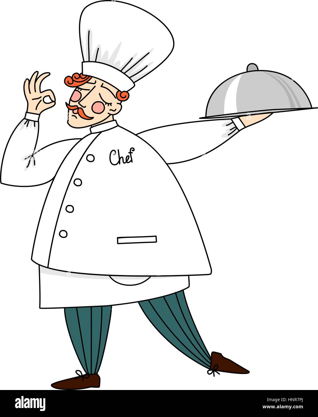 Chef Cute tenant un plateau de délicieux plats. Isolé sur blanc. Illustration de Vecteur