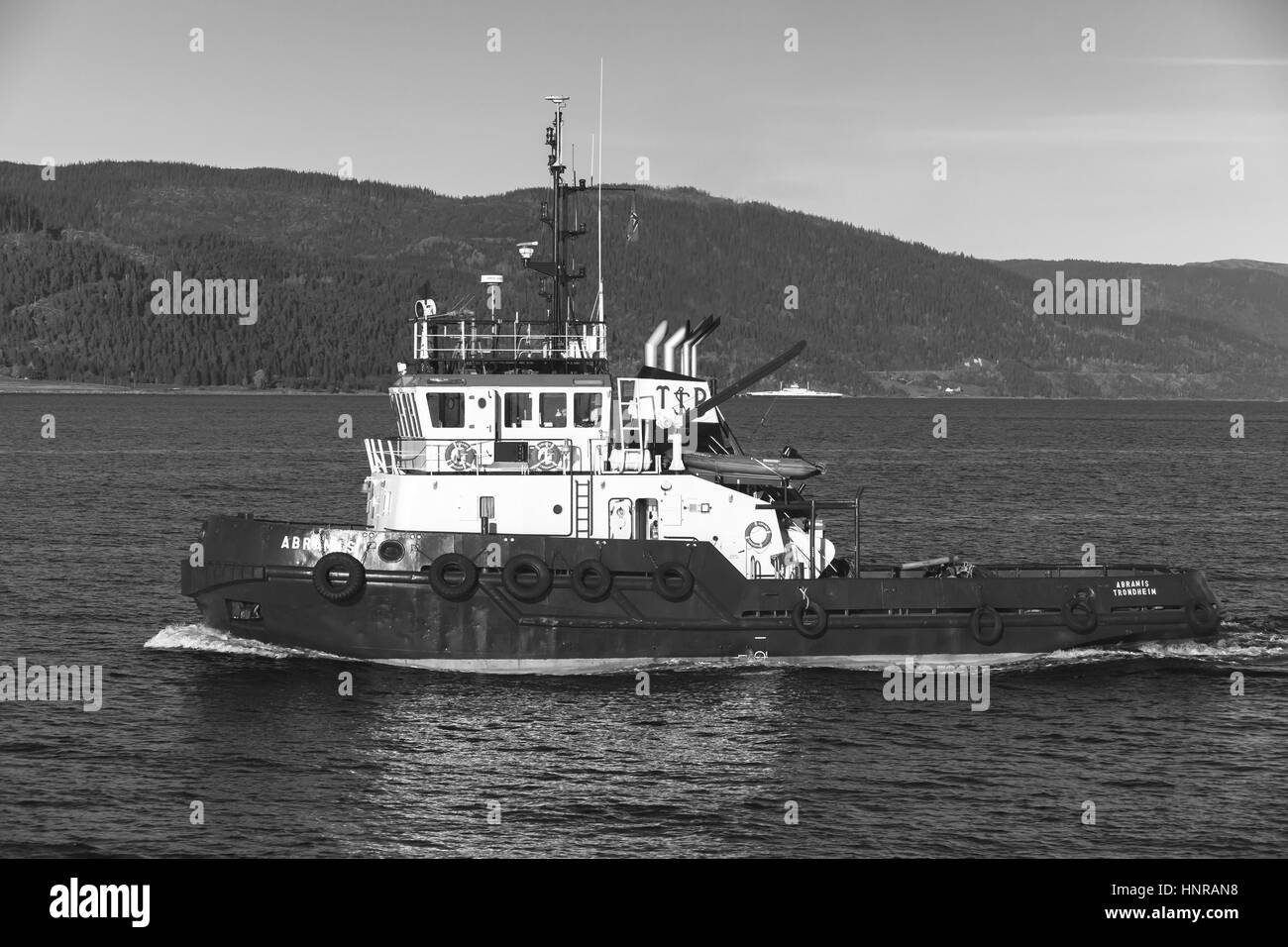 Trondheim, Norvège - 17 octobre 2016 : Abramis tug boat avec superstructure blanc en cours, vue de côté. Trondheim, Norvège. Photo monochrome Banque D'Images